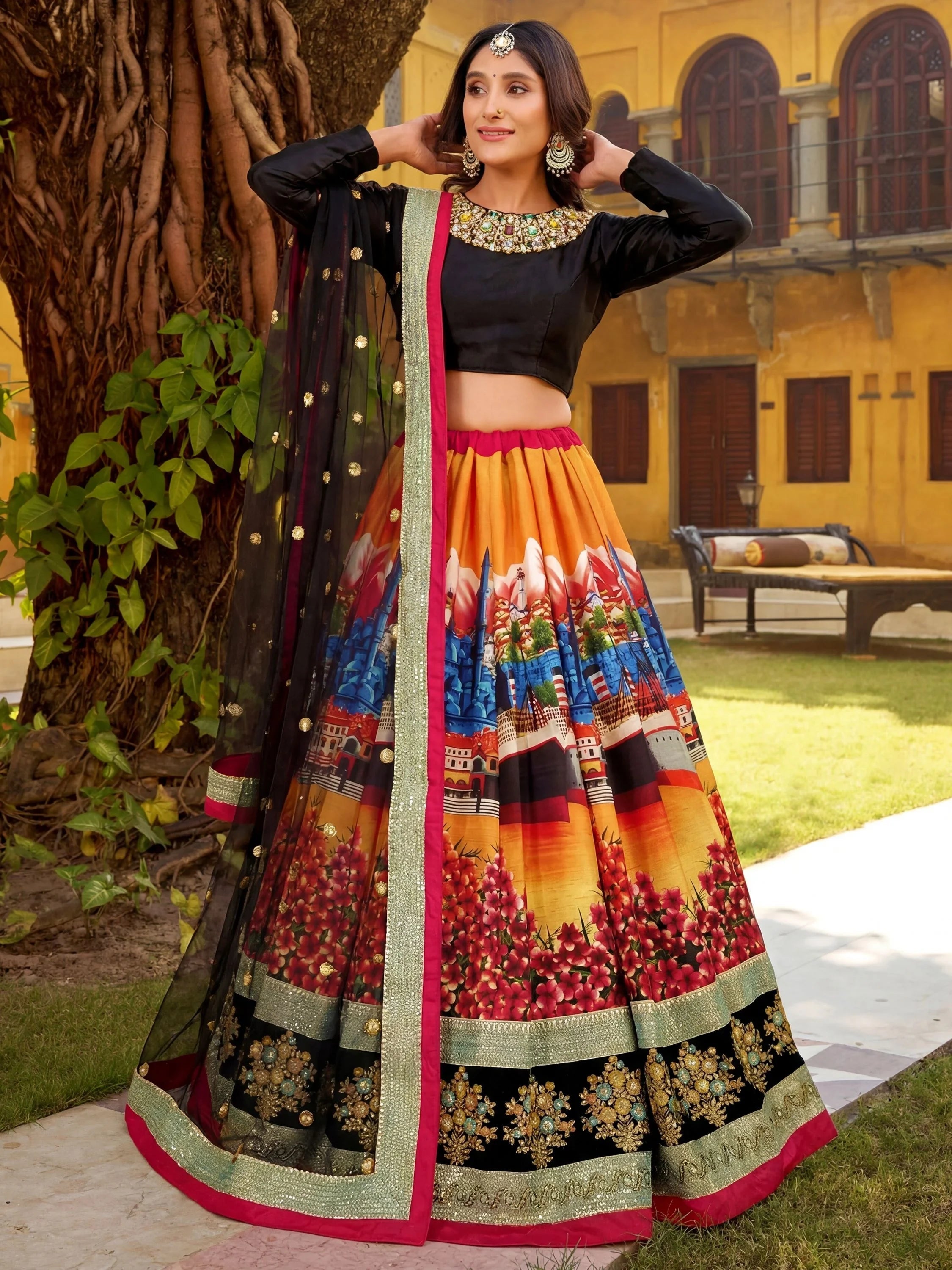 Art silk wedding lehenga choli with digital floral print sequins and dori embroidery work