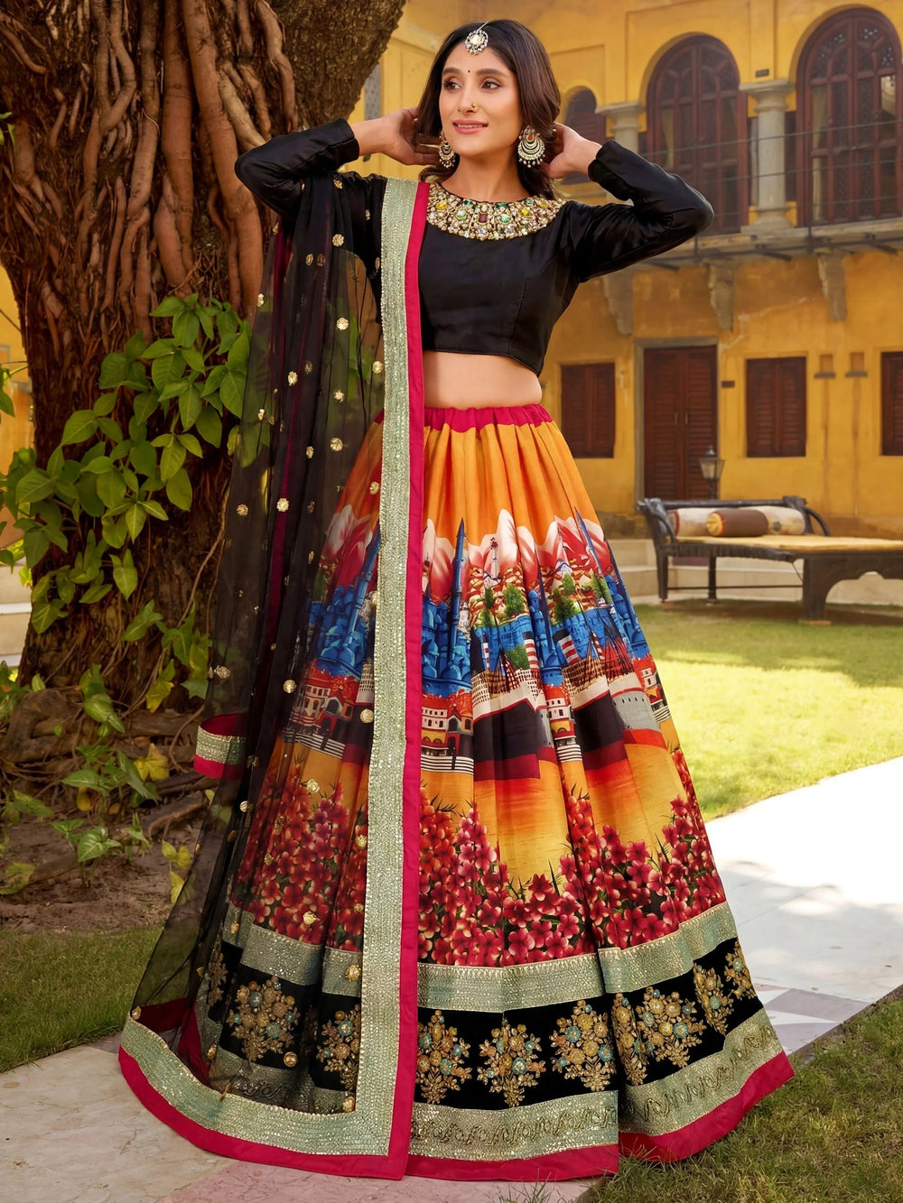 Art silk wedding lehenga choli with digital floral print sequins and dori embroidery work