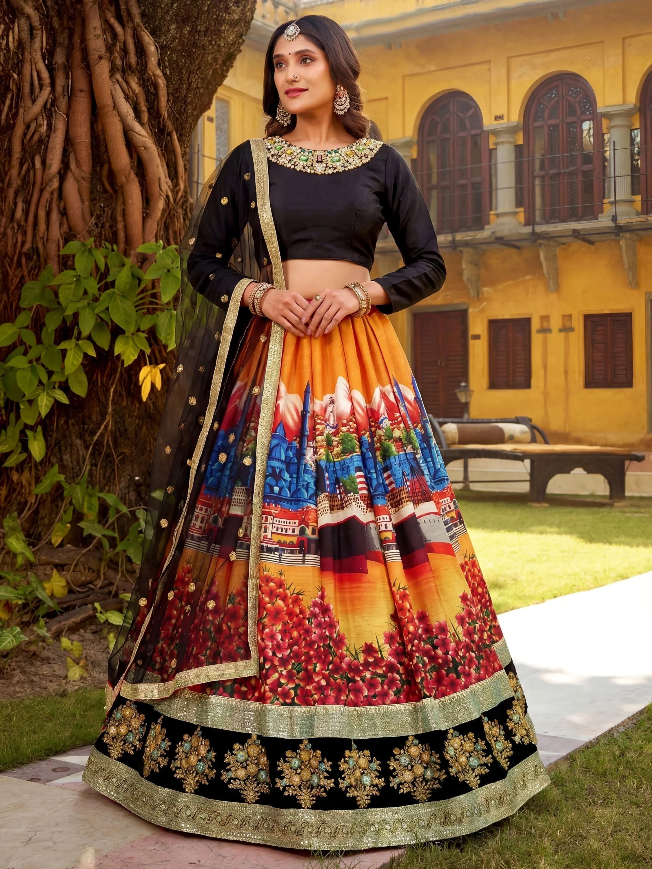 Art silk wedding lehenga choli with digital floral print sequins and dori embroidery work