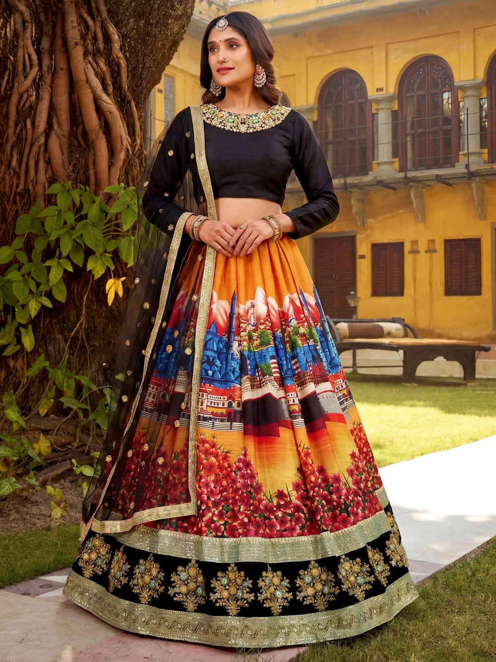Art silk wedding lehenga choli with digital floral print sequins and dori embroidery work