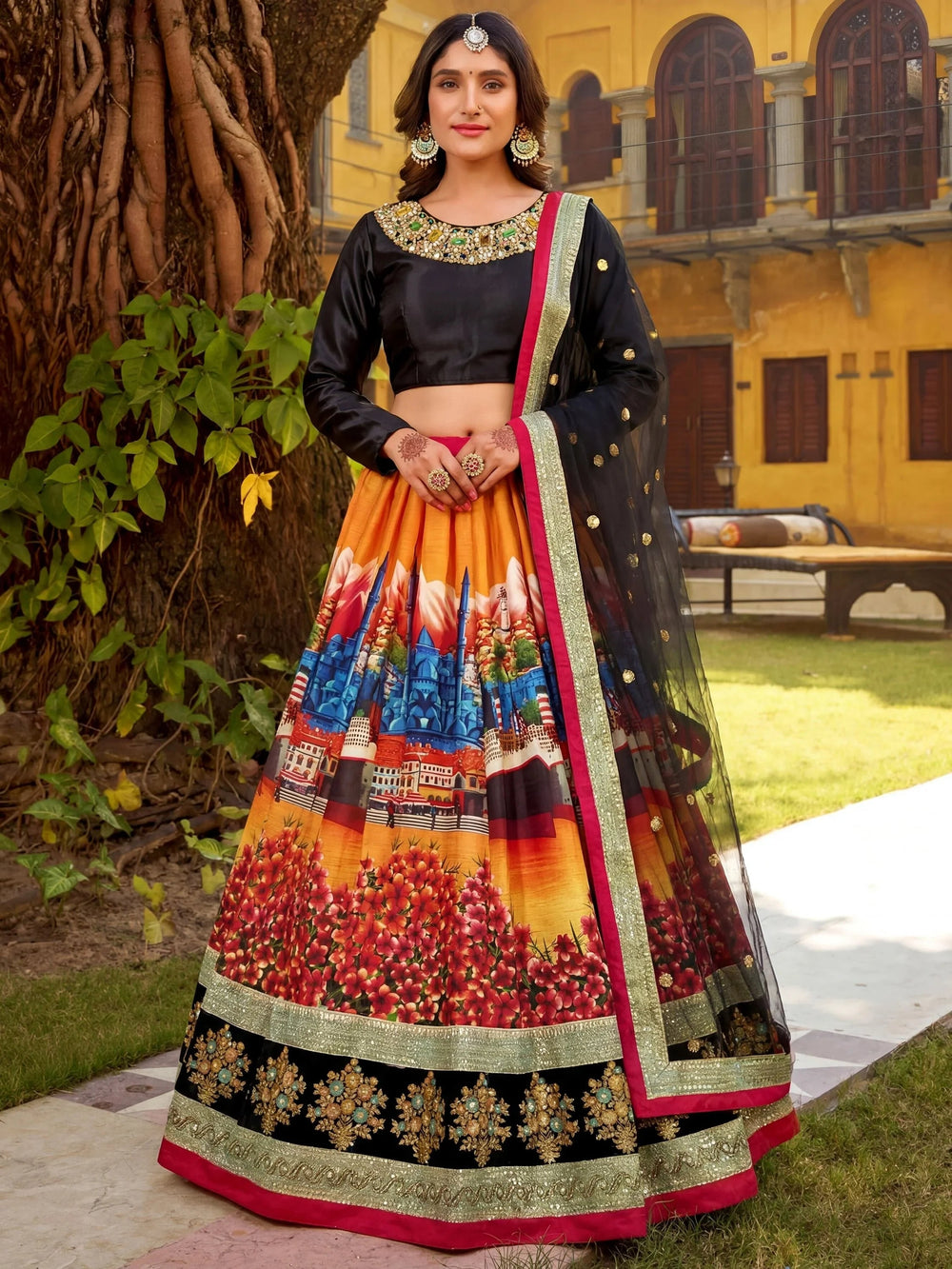 Art silk wedding lehenga choli with digital floral print sequins and dori embroidery work