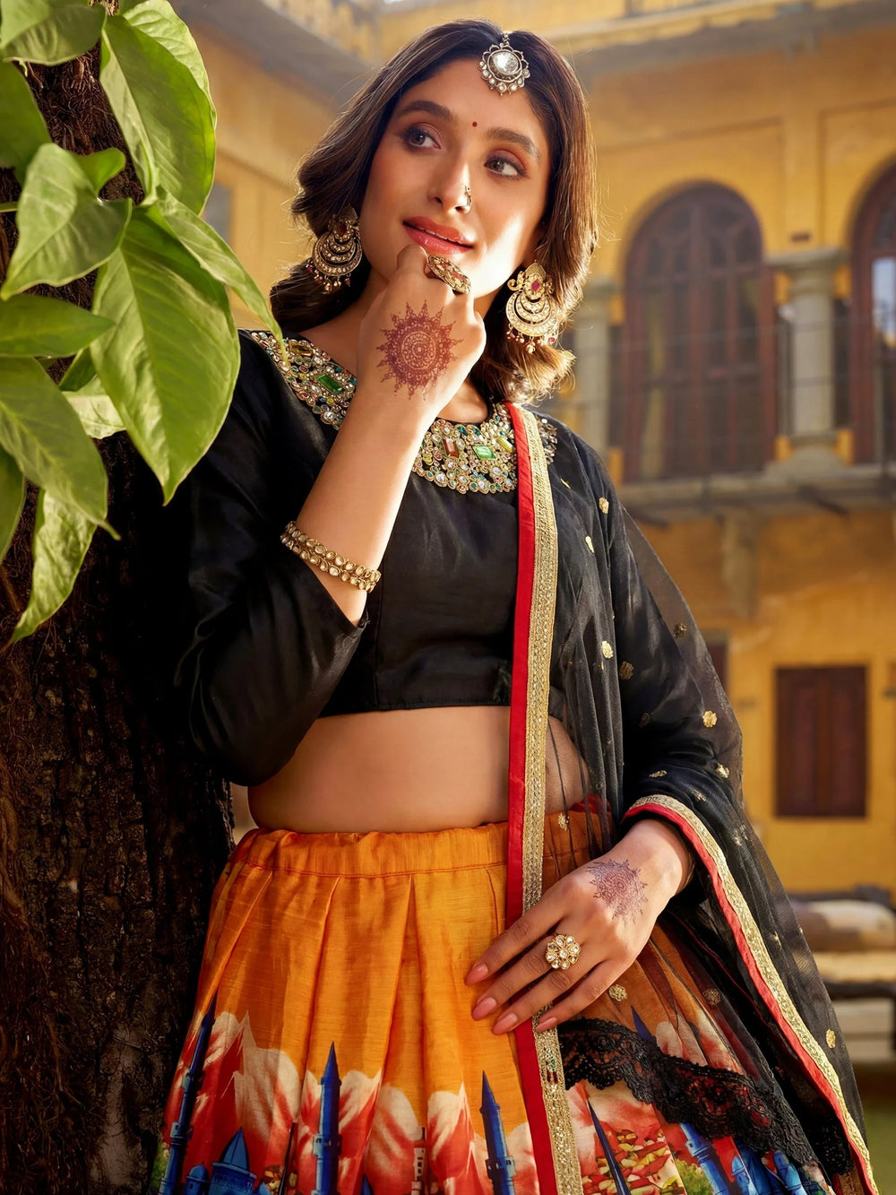 Art silk wedding lehenga choli with digital floral print sequins and dori embroidery work