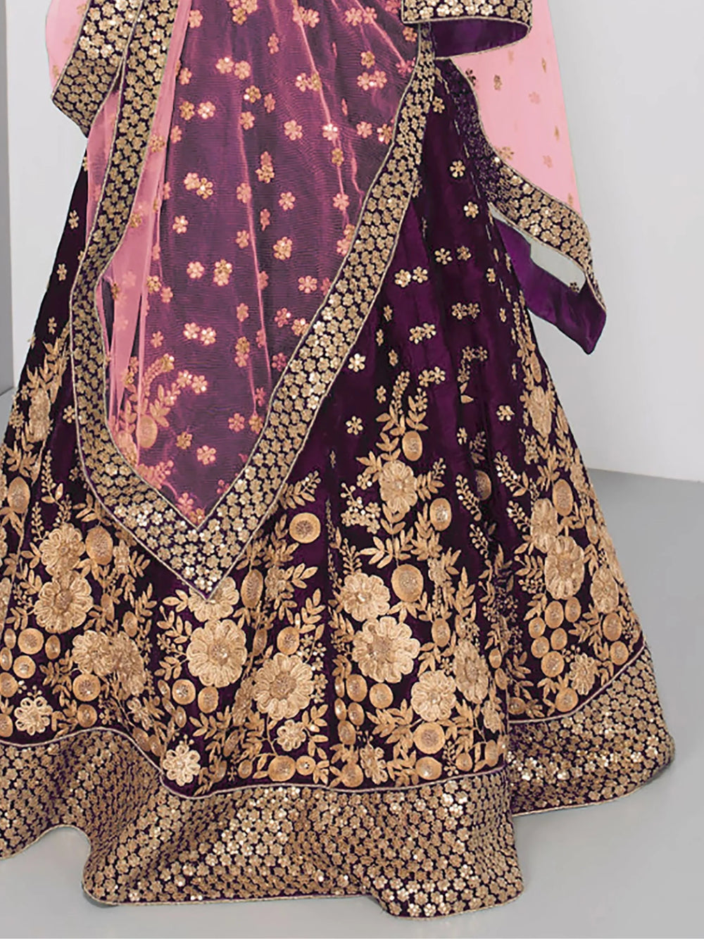 Embroidered velvet lehenga choli with zari sequins work for wedding and bridal occasions