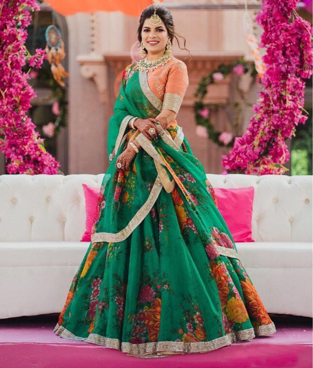 Floral Digital Printed Organza Bridal Lehenga Choli with Sequins