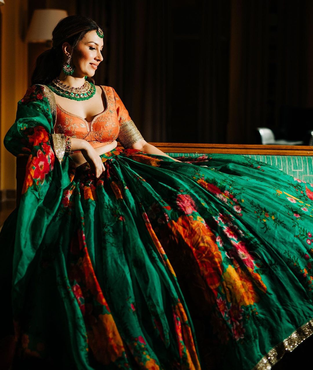 Floral Digital Printed Organza Bridal Lehenga Choli with Sequins