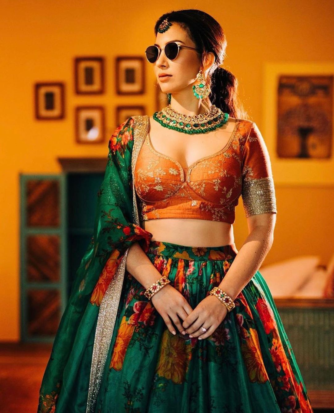 Floral Digital Printed Organza Bridal Lehenga Choli with Sequins