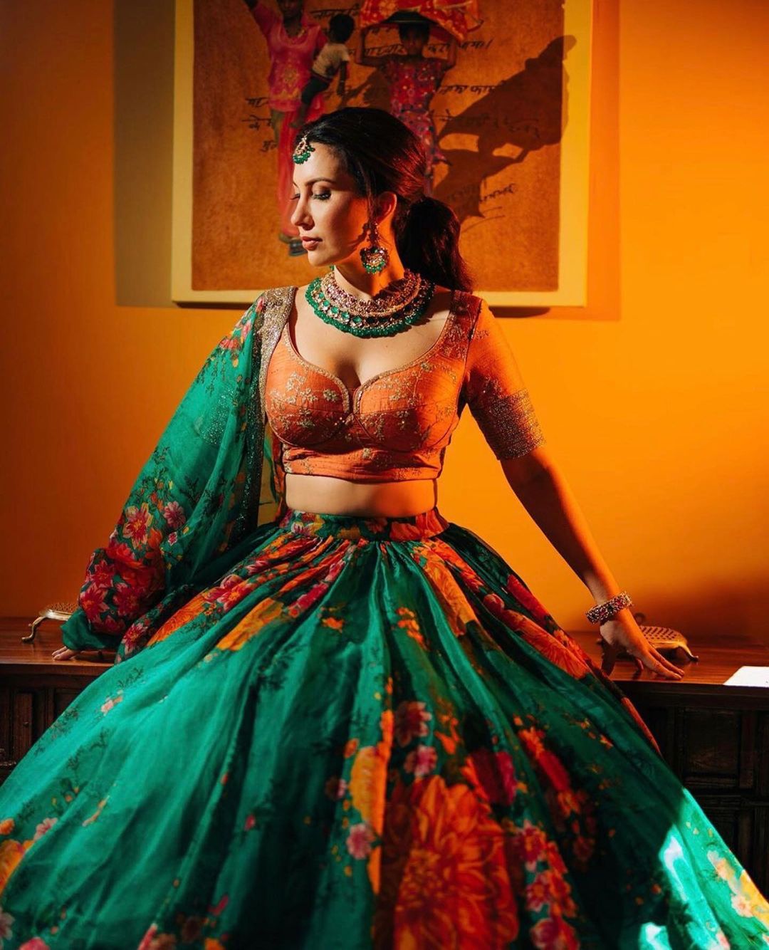 Floral Digital Printed Organza Bridal Lehenga Choli with Sequins