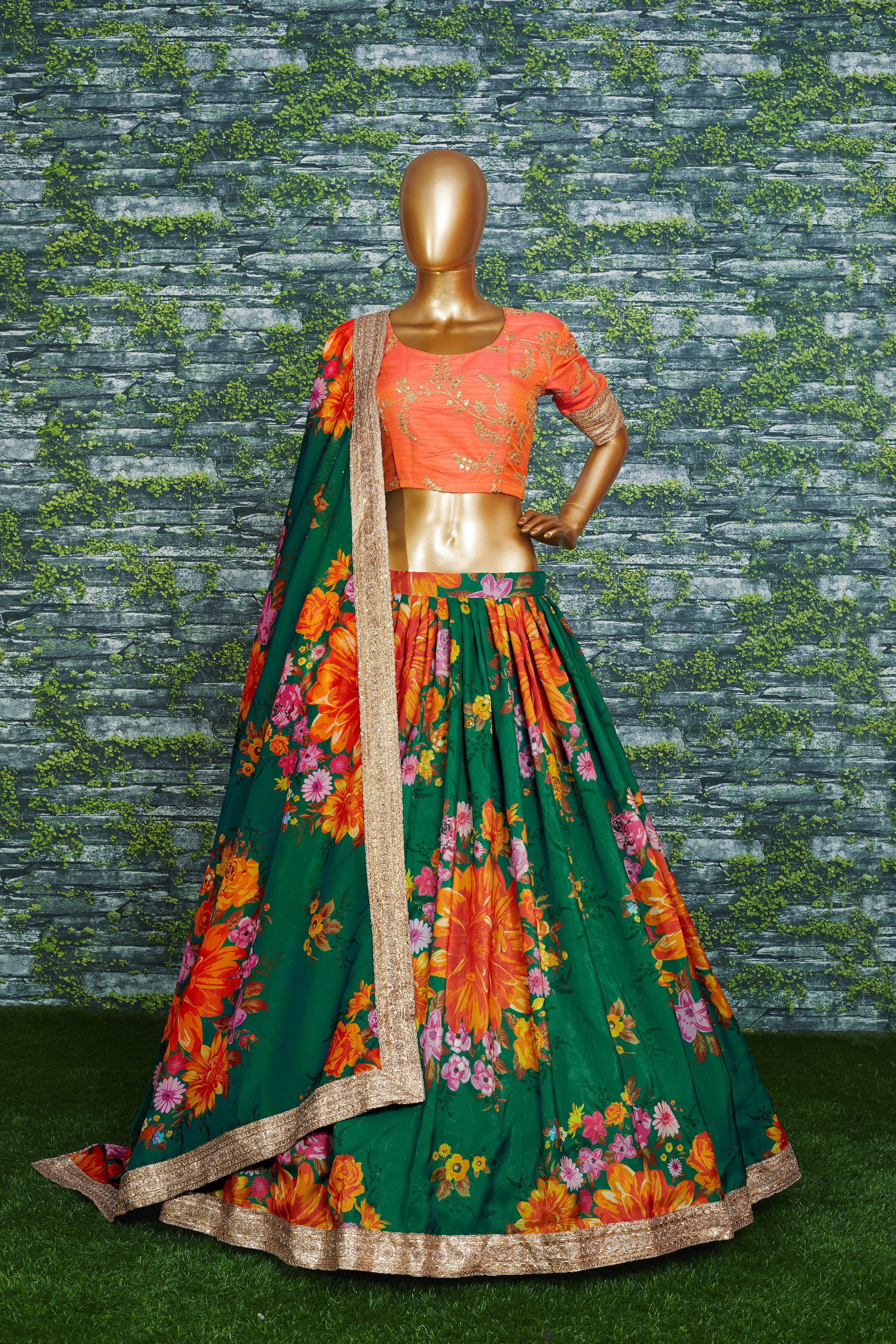 Floral Digital Printed Organza Bridal Lehenga Choli with Sequins
