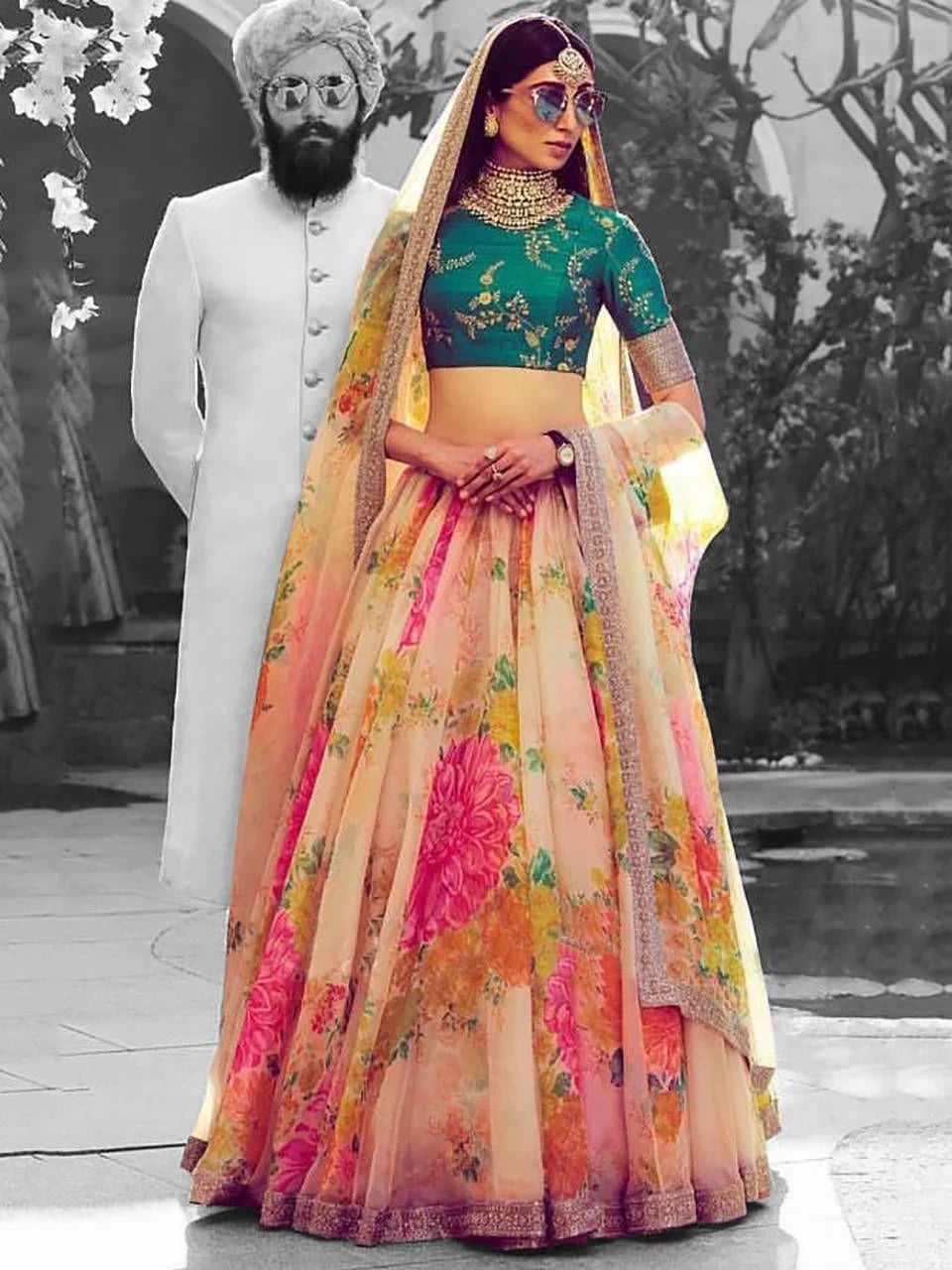 Organza bridal lehenga choli with floral digital print and sequins work for wedding