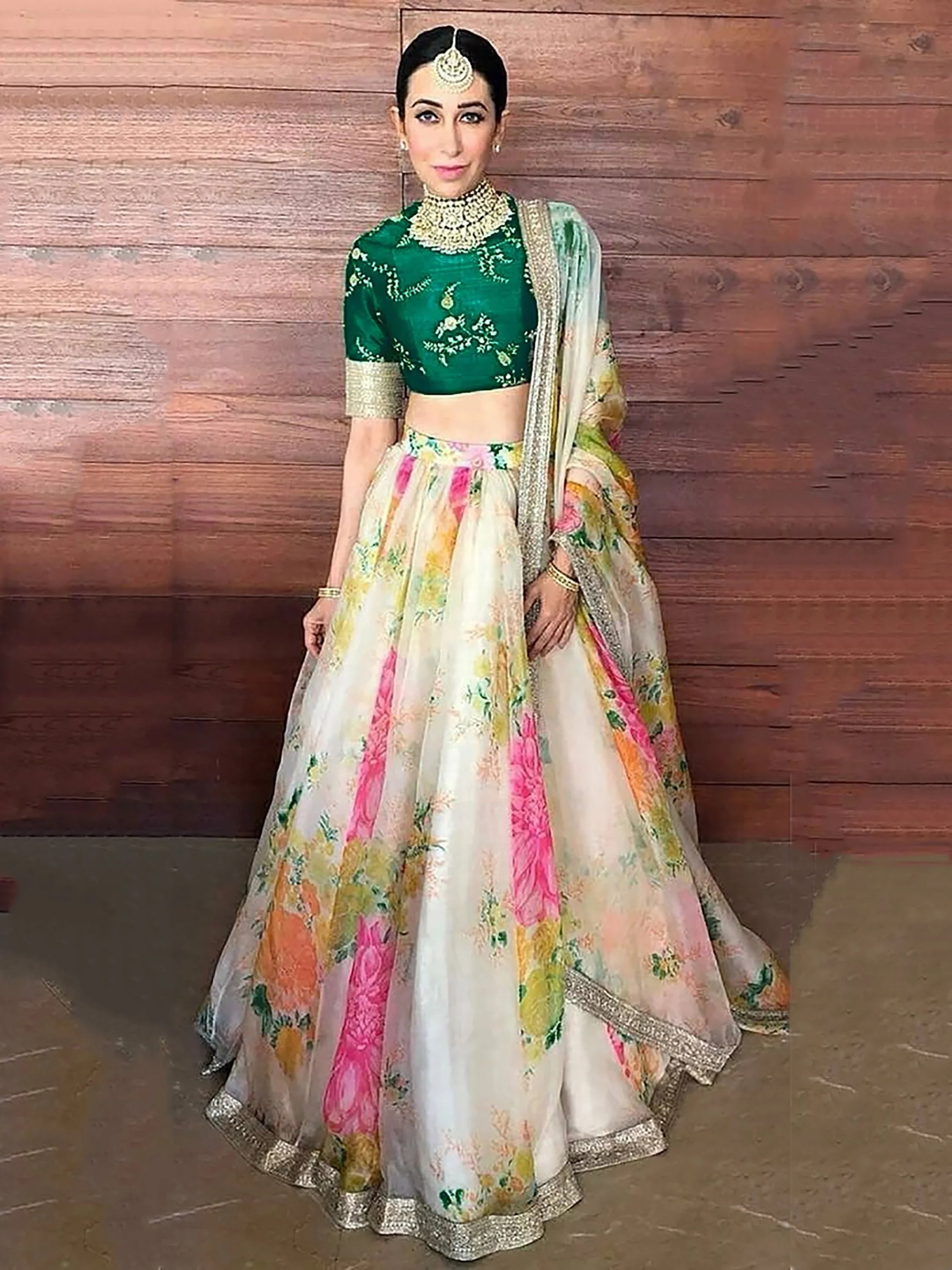 Organza bridal lehenga choli with floral digital print and sequins work for wedding