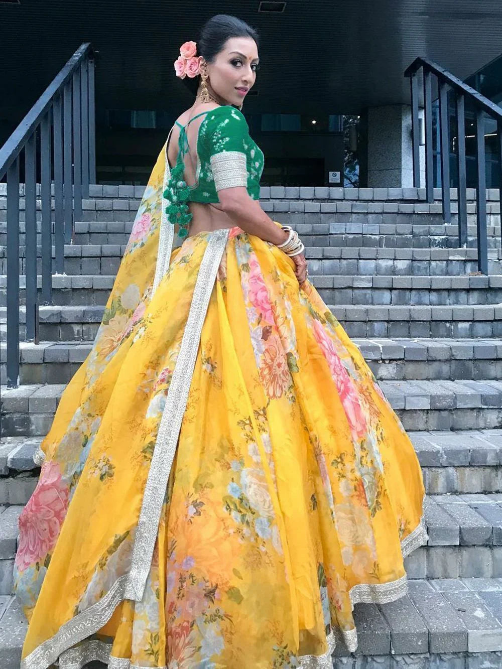 Organza bridal lehenga choli with floral digital print and sequins work for wedding - Yellow Floral Digital Printed Organza Bridal Lehenga Choli
