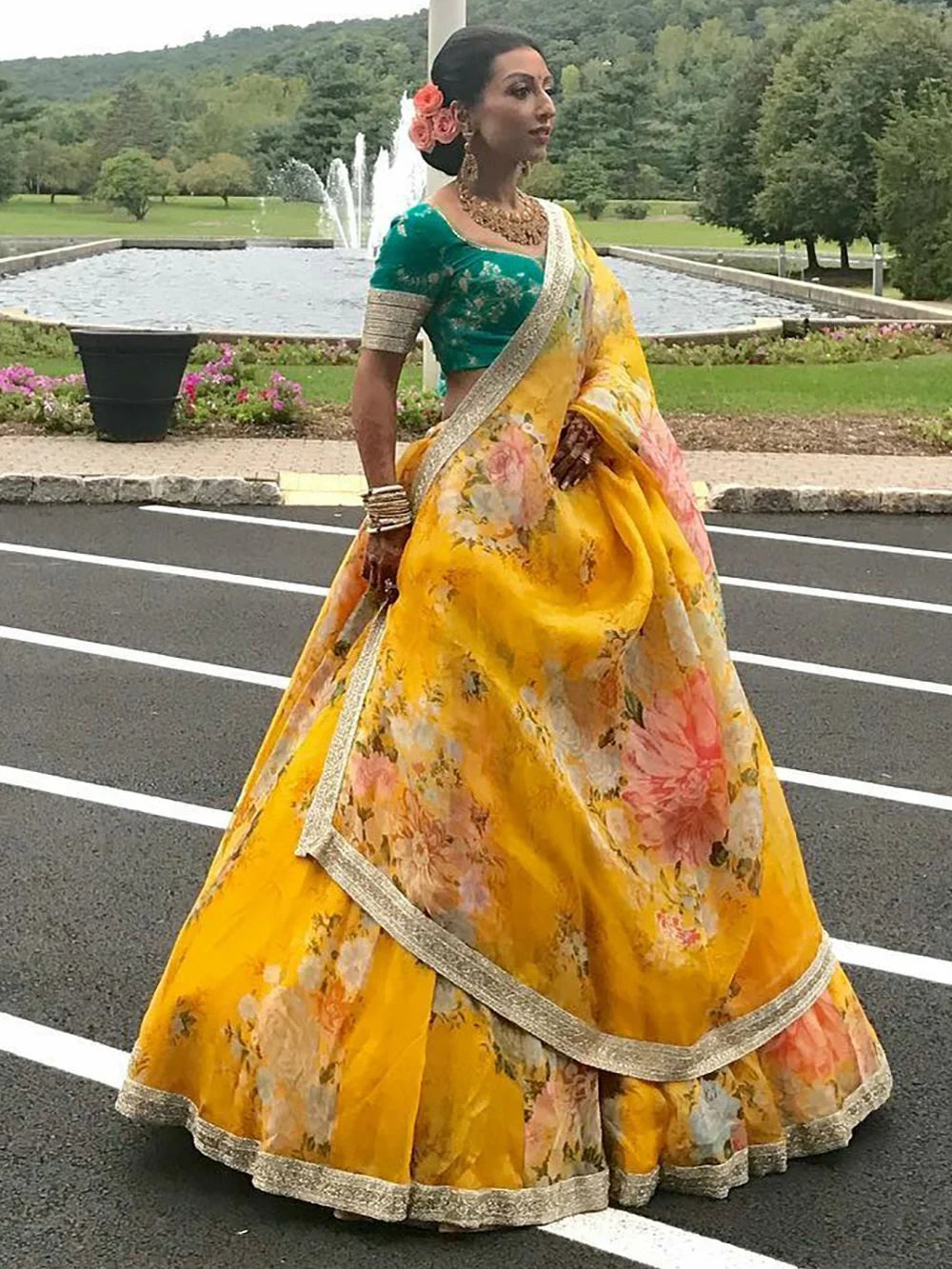 Organza bridal lehenga choli with floral digital print and sequins work for wedding - Yellow Floral Digital Printed Organza Bridal Lehenga Choli