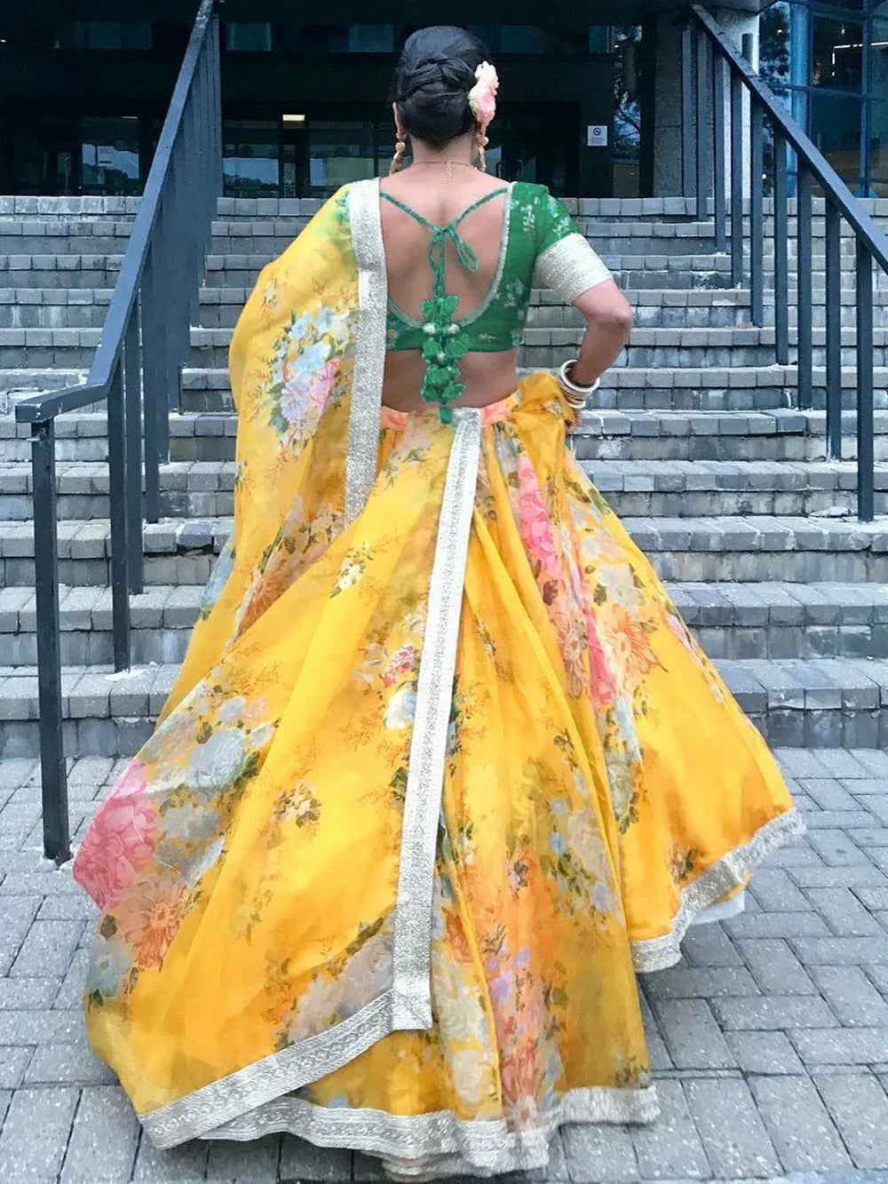 Organza bridal lehenga choli with floral digital print and sequins work for wedding - Yellow Floral Digital Printed Organza Bridal Lehenga Choli