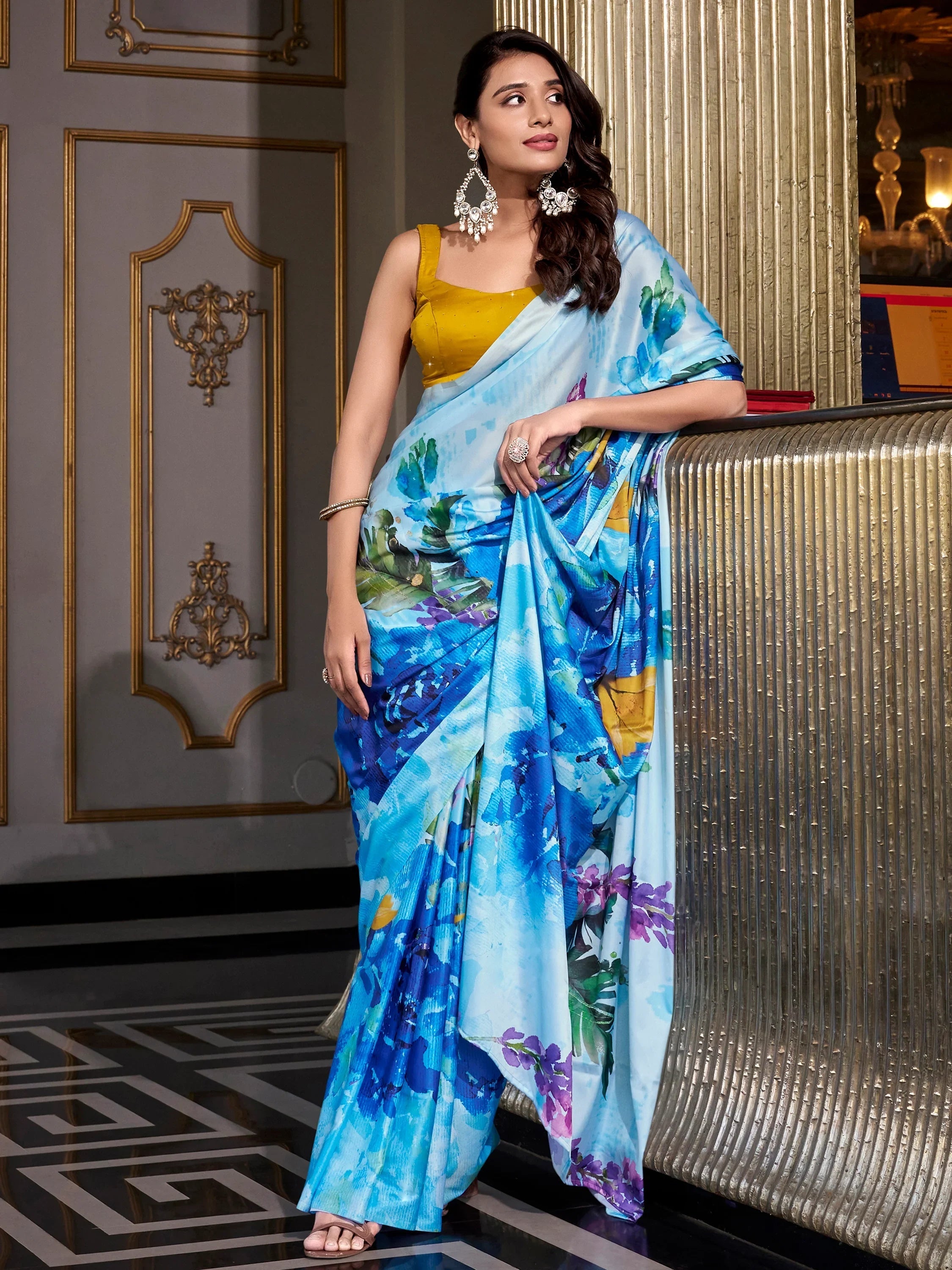 Sky Blue Satin Floral Printed Office Wear Saree With Blouse