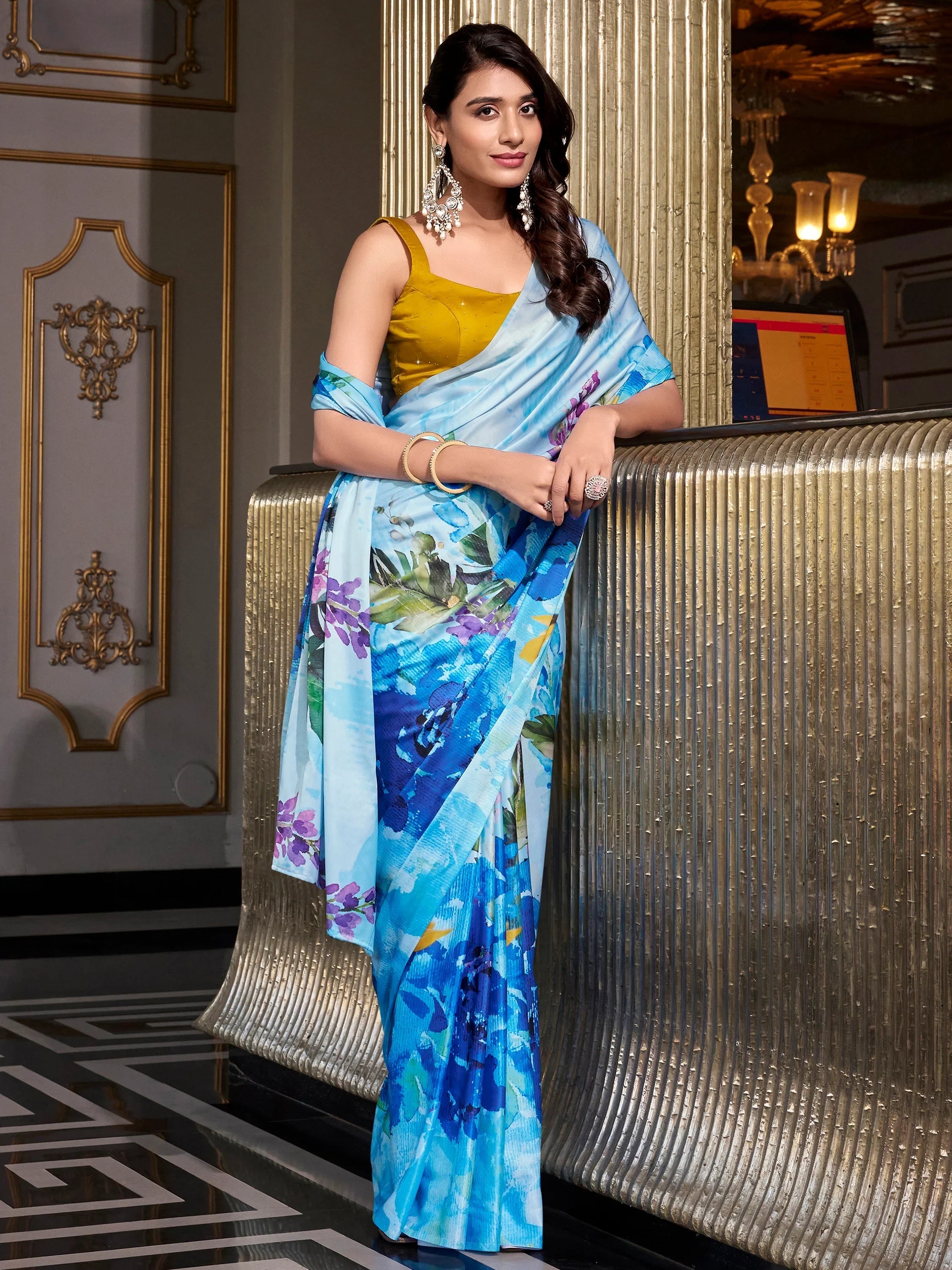 Sky Blue Satin Floral Printed Office Wear Saree With Blouse