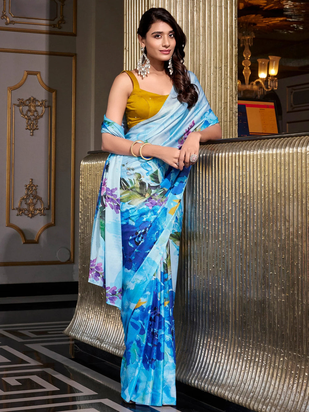Sky Blue Satin Floral Printed Office Wear Saree With Blouse