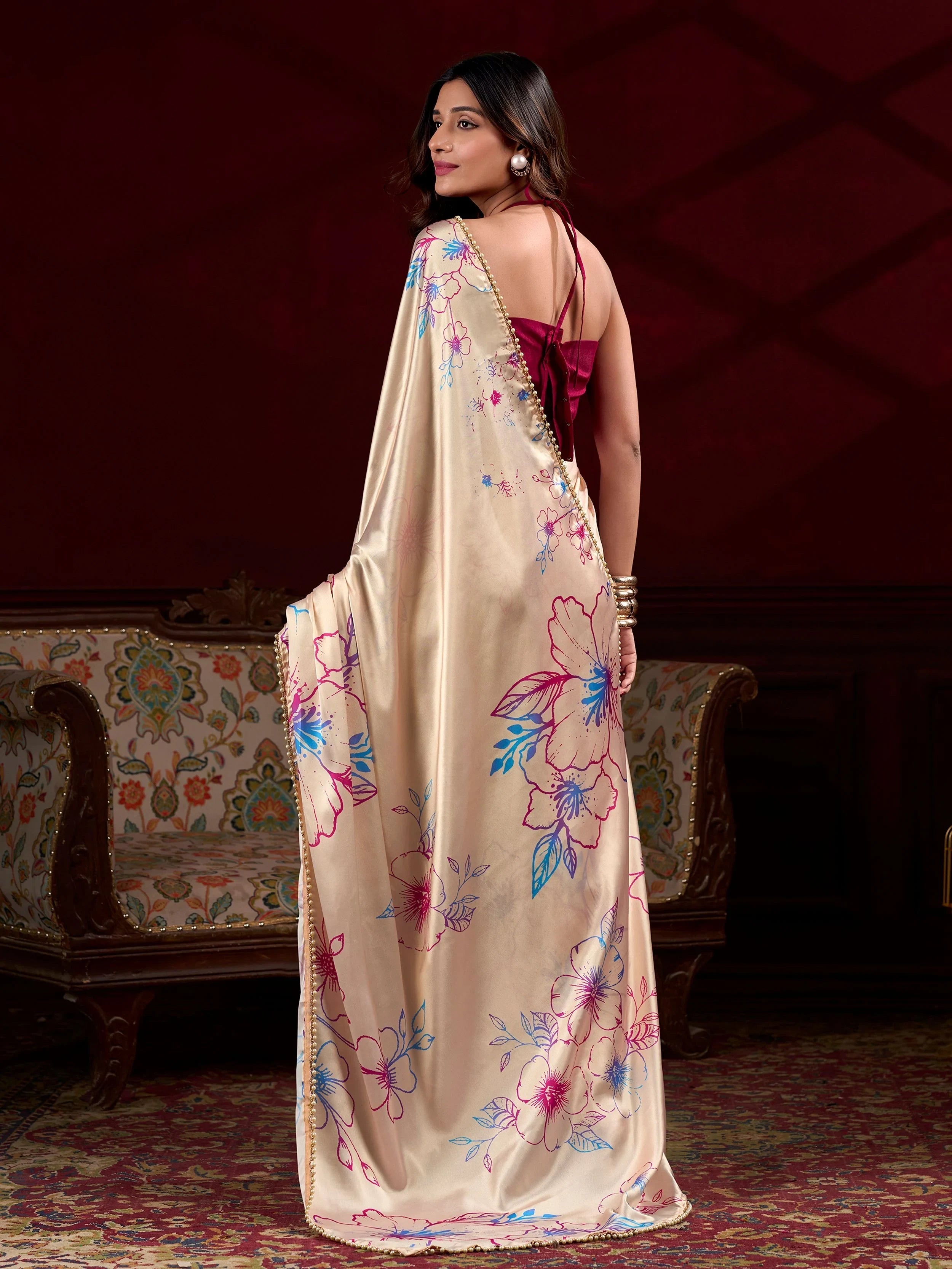 Cream Satin Floral Printed Wedding Wear Saree
