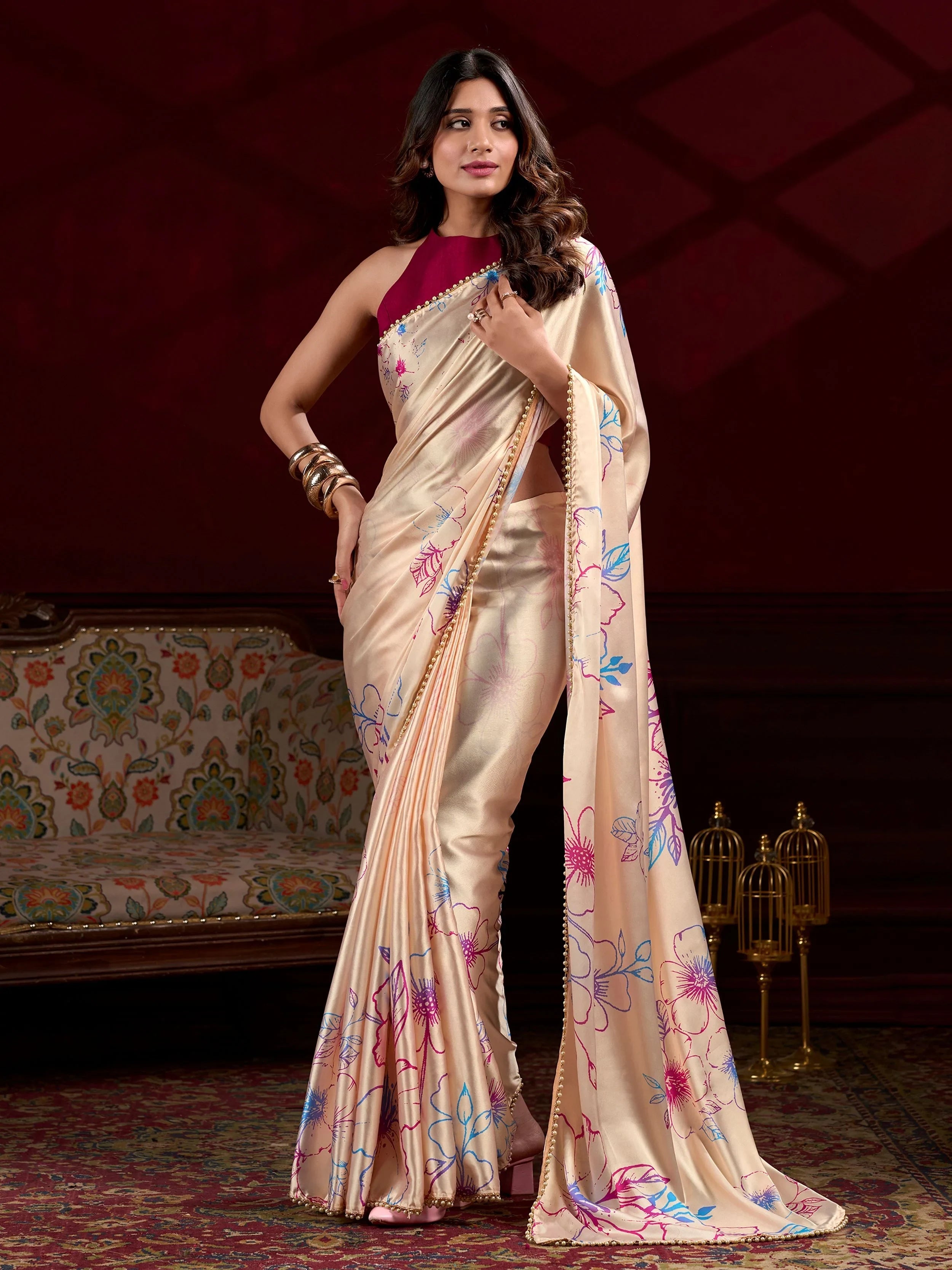 Cream Satin Floral Printed Wedding Wear Saree