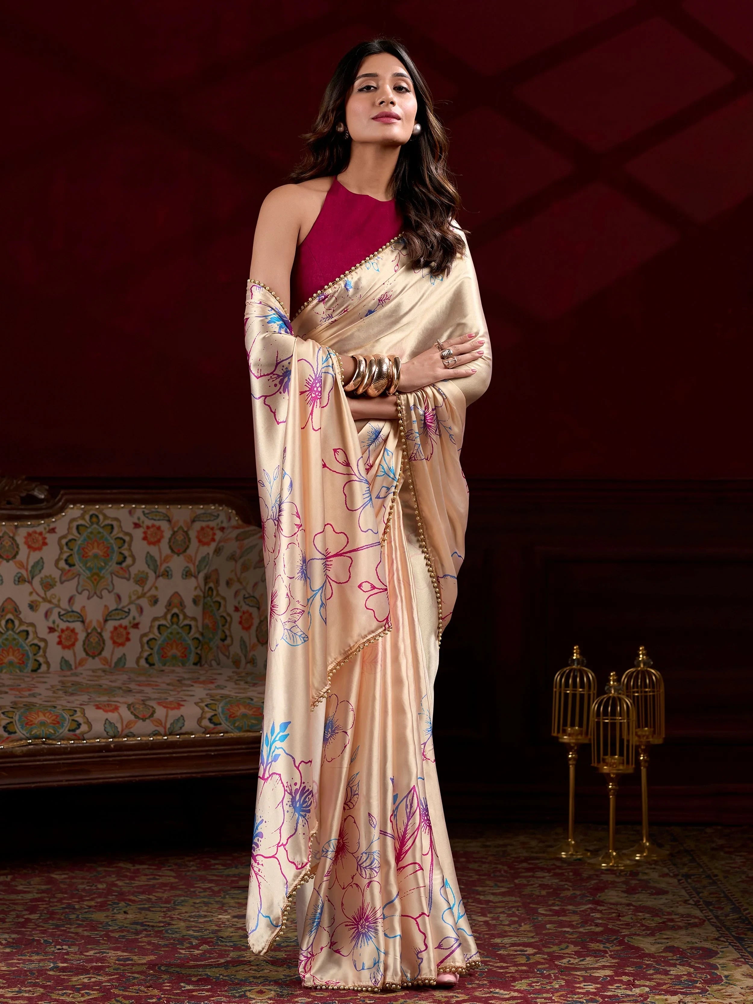 Cream Satin Floral Printed Wedding Wear Saree