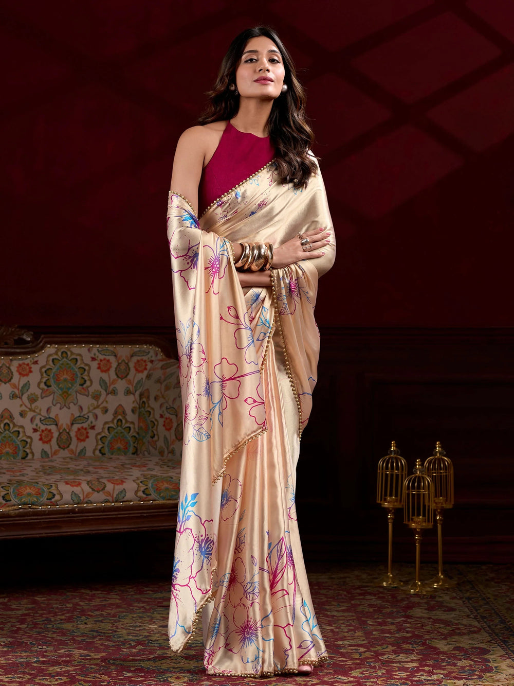 Cream Satin Floral Printed Wedding Wear Saree