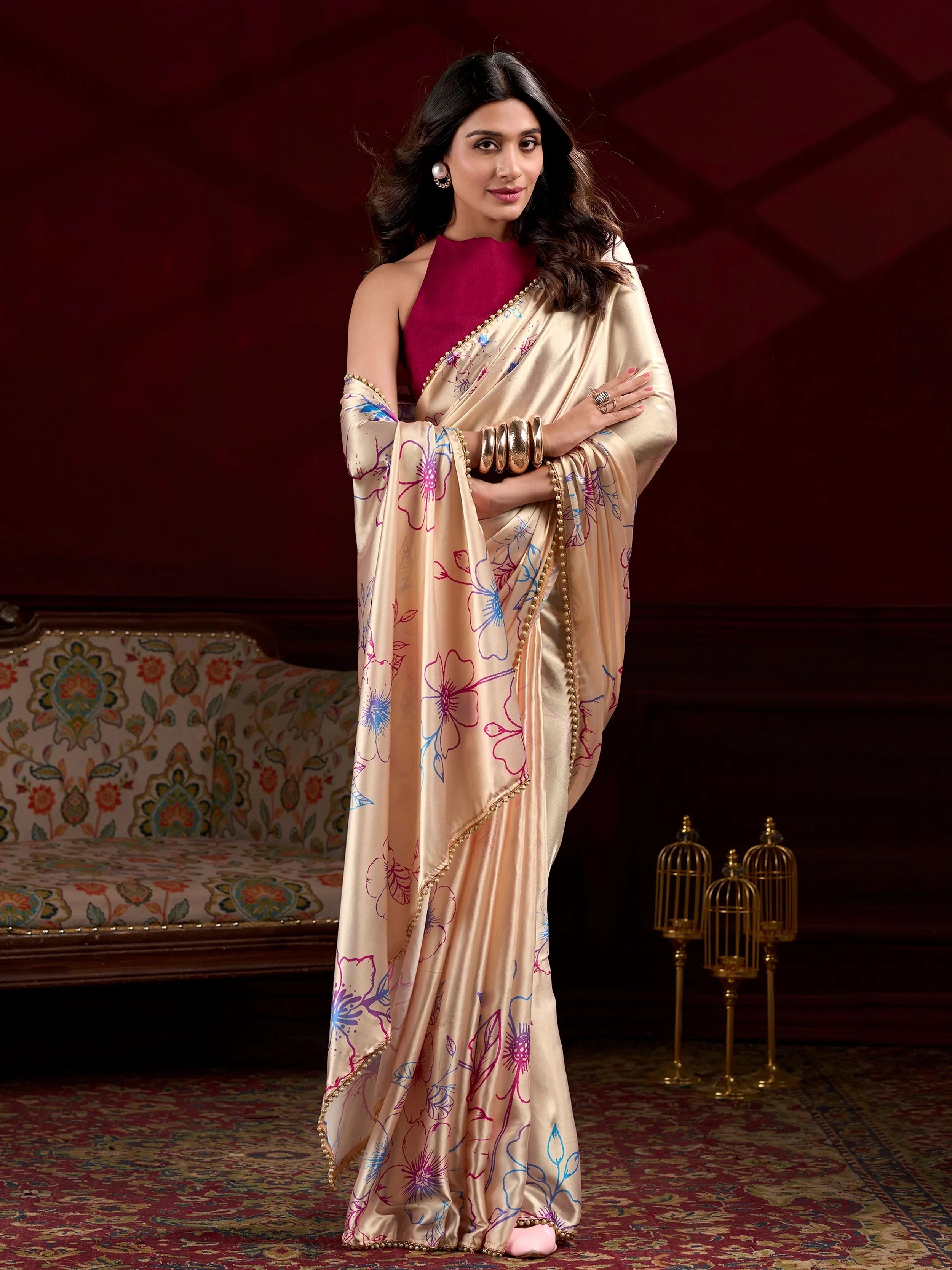 Cream Satin Floral Printed Wedding Wear Saree