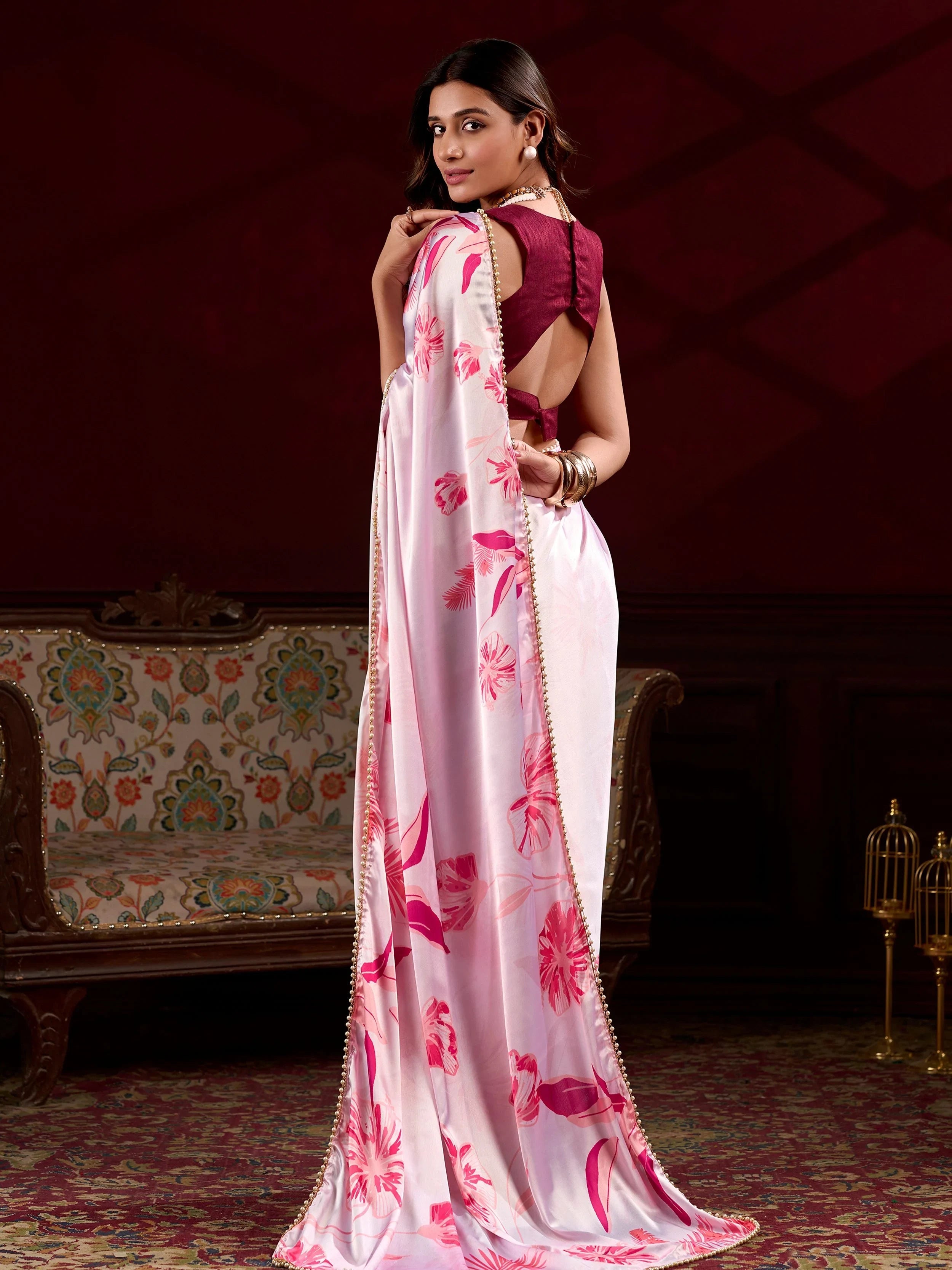 Light Pink Satin Pearl Work Party Wear Saree With Blouse