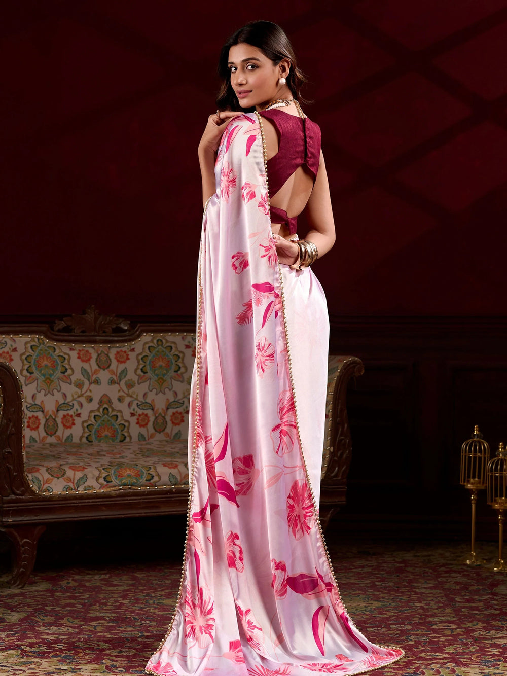 Light Pink Satin Pearl Work Party Wear Saree With Blouse