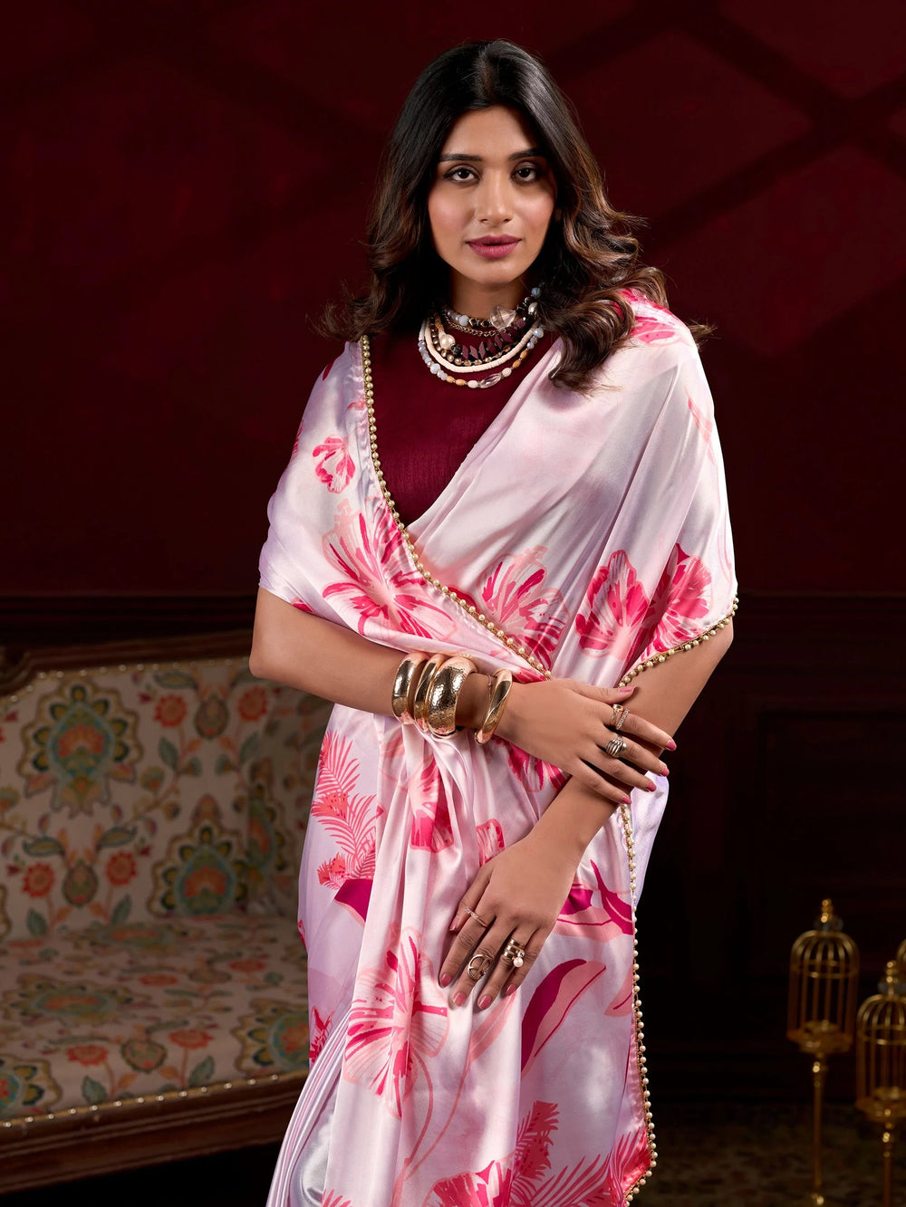Light Pink Satin Pearl Work Party Wear Saree With Blouse