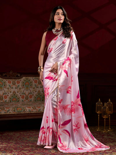 Light Pink Satin Pearl Work Party Wear Saree With Blouse