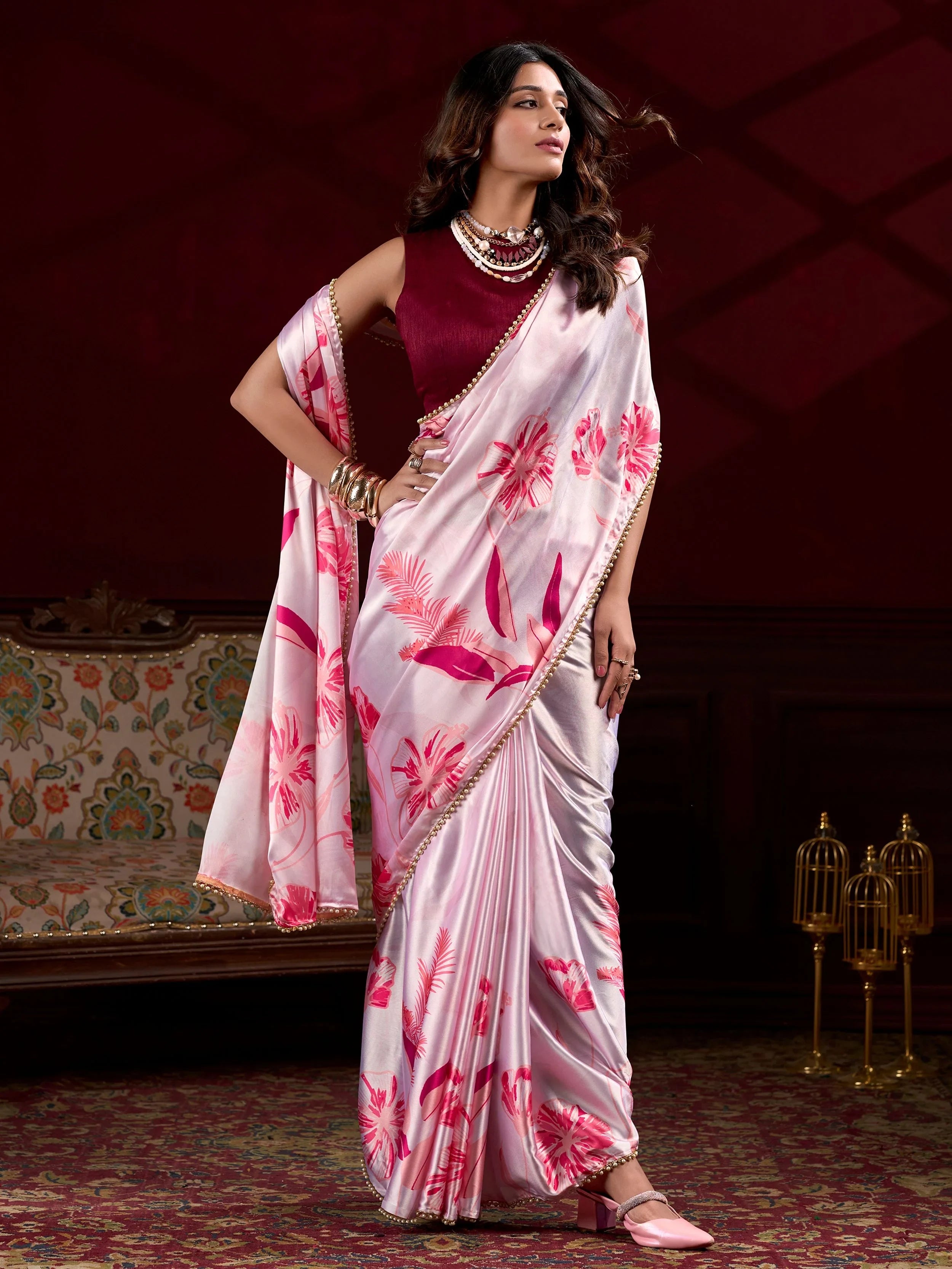 Light Pink Satin Pearl Work Party Wear Saree With Blouse