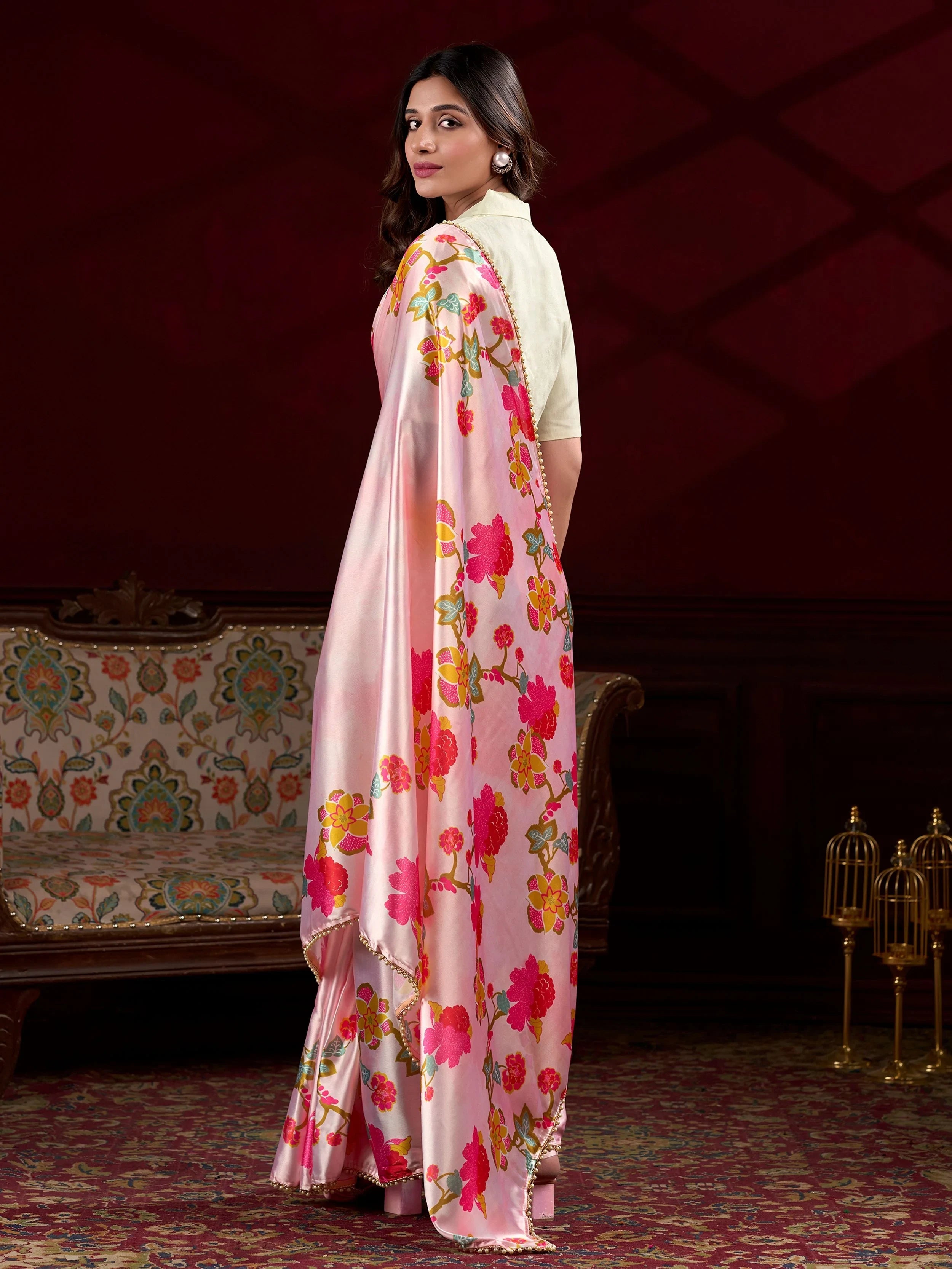 Peach Satin Floral Printed Event Wear Saree With Blouse