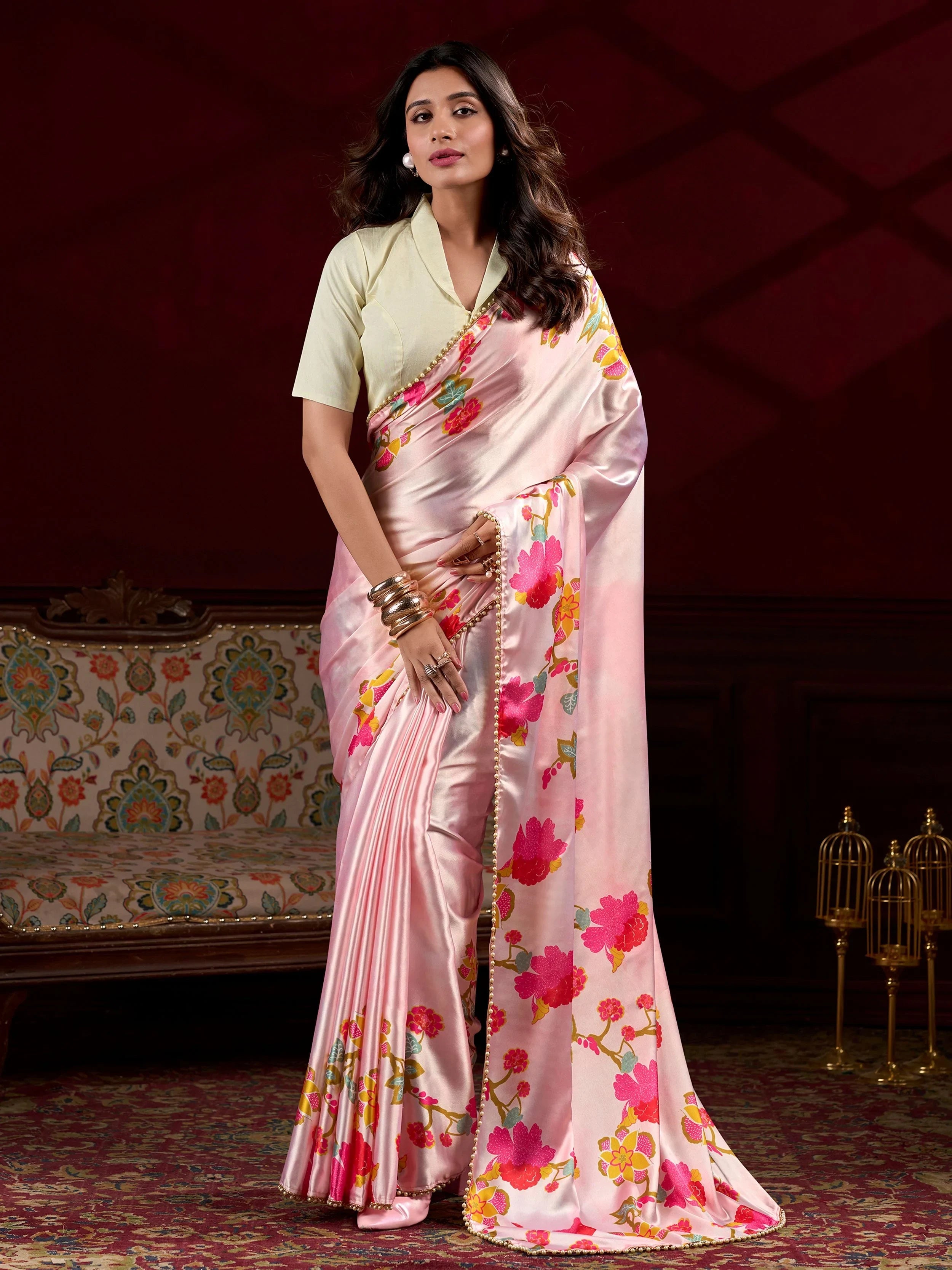Peach Satin Floral Printed Event Wear Saree With Blouse