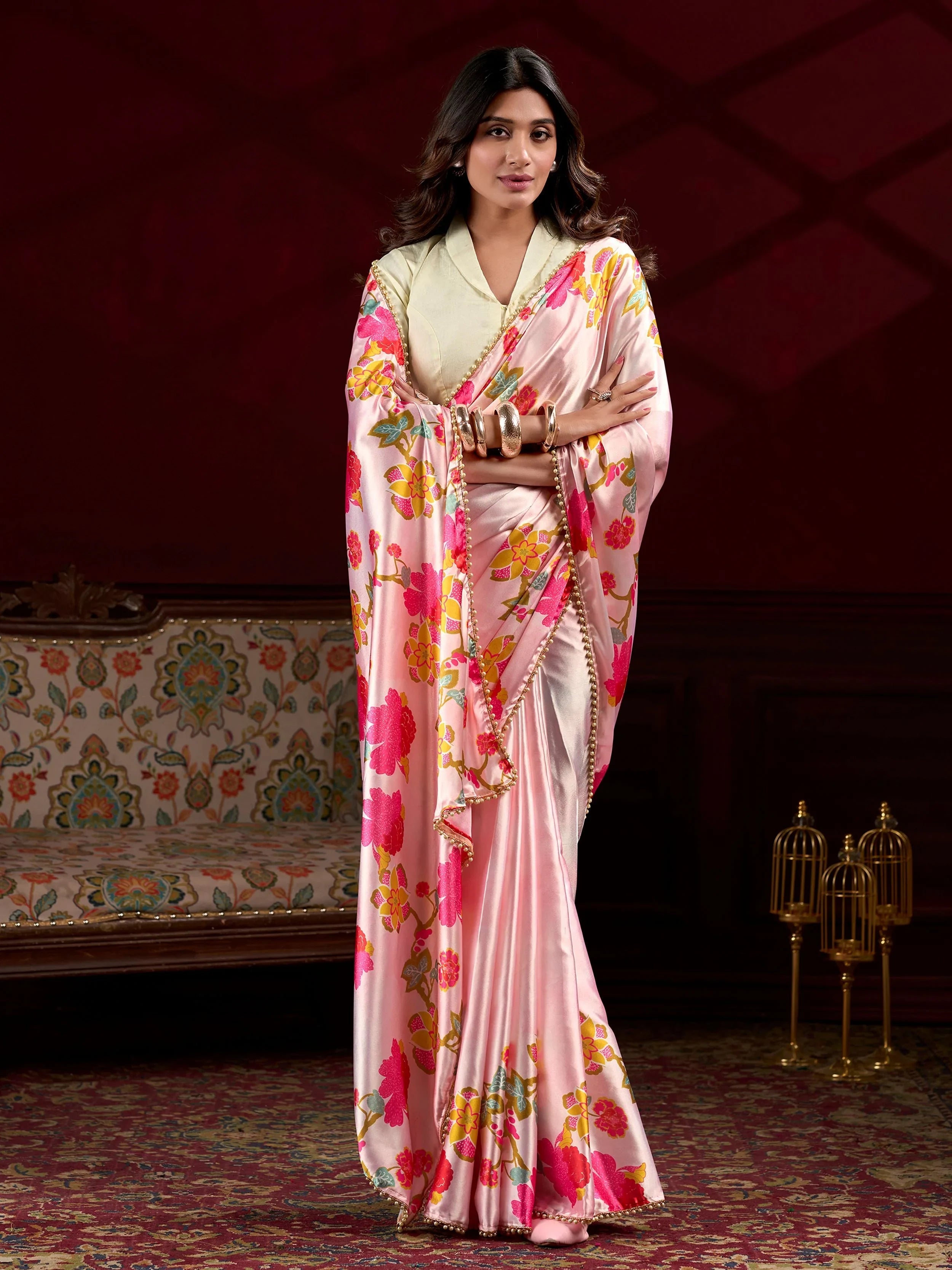 Peach Satin Floral Printed Event Wear Saree With Blouse