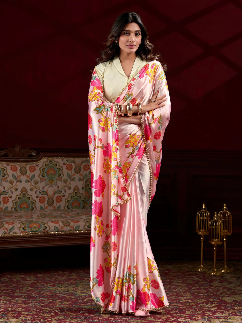 Peach Satin Floral Printed Event Wear Saree With Blouse