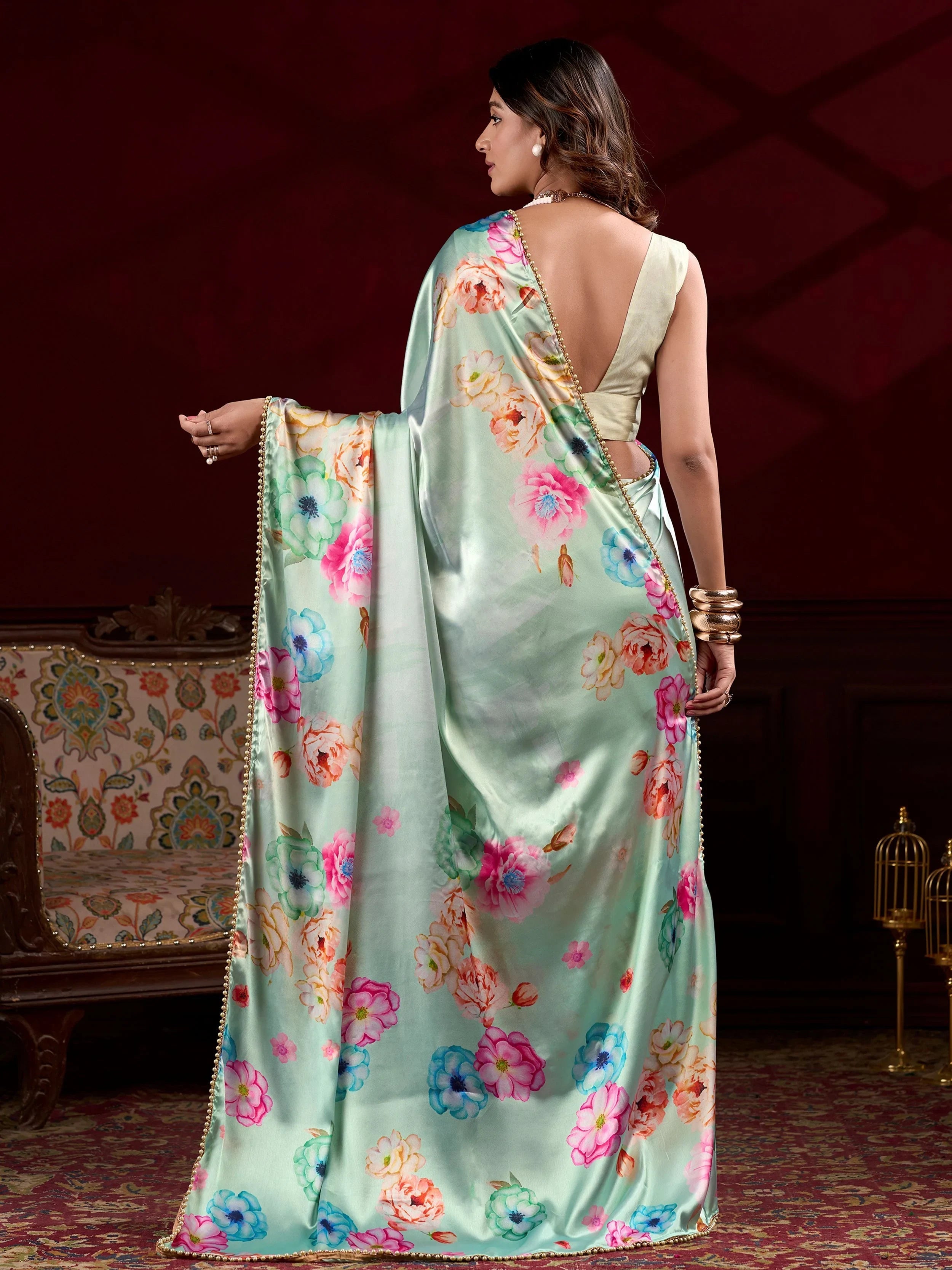 Pista Green Satin Floral Printed Saree With Blouse