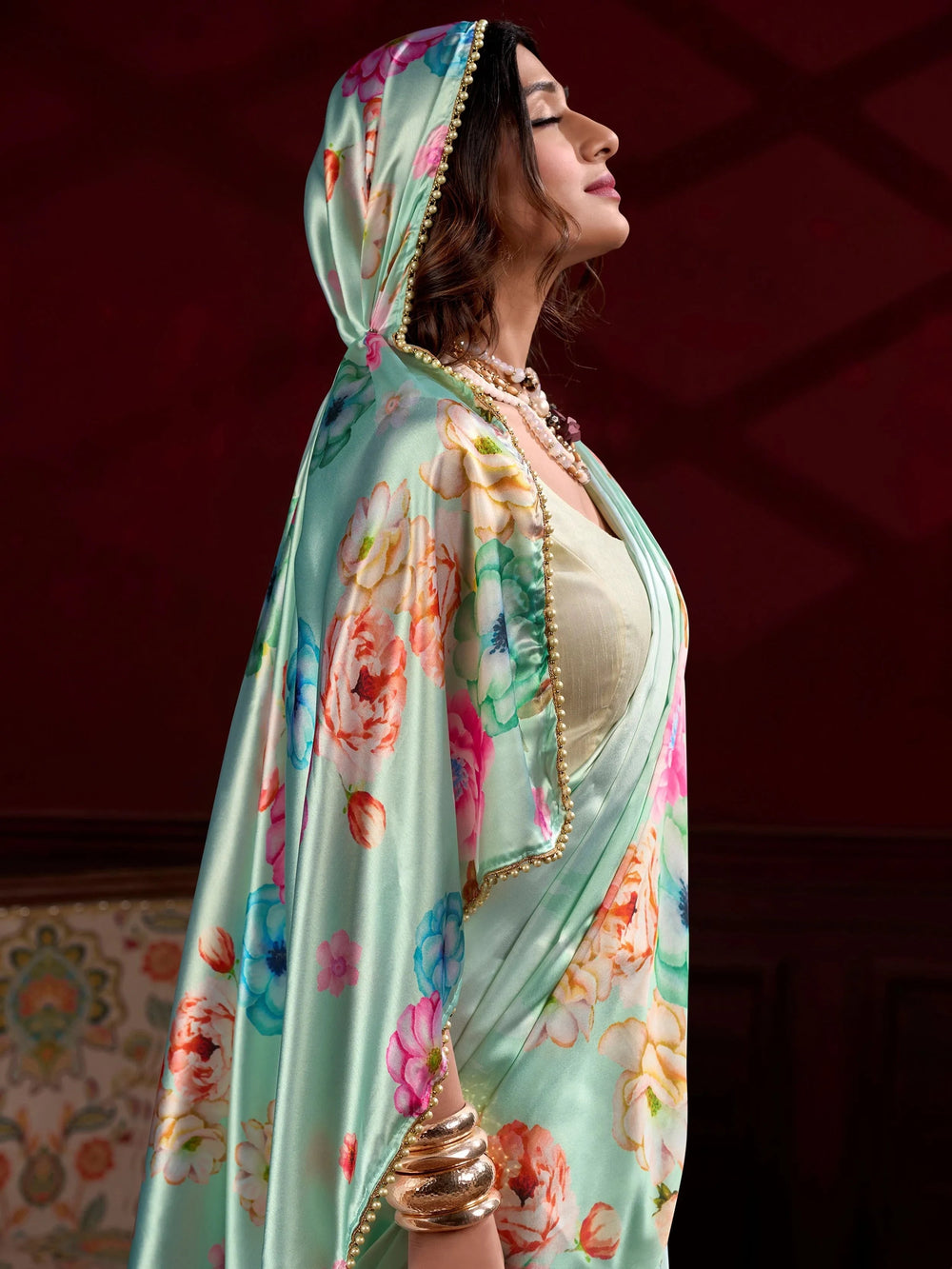 Pista Green Satin Floral Printed Saree With Blouse