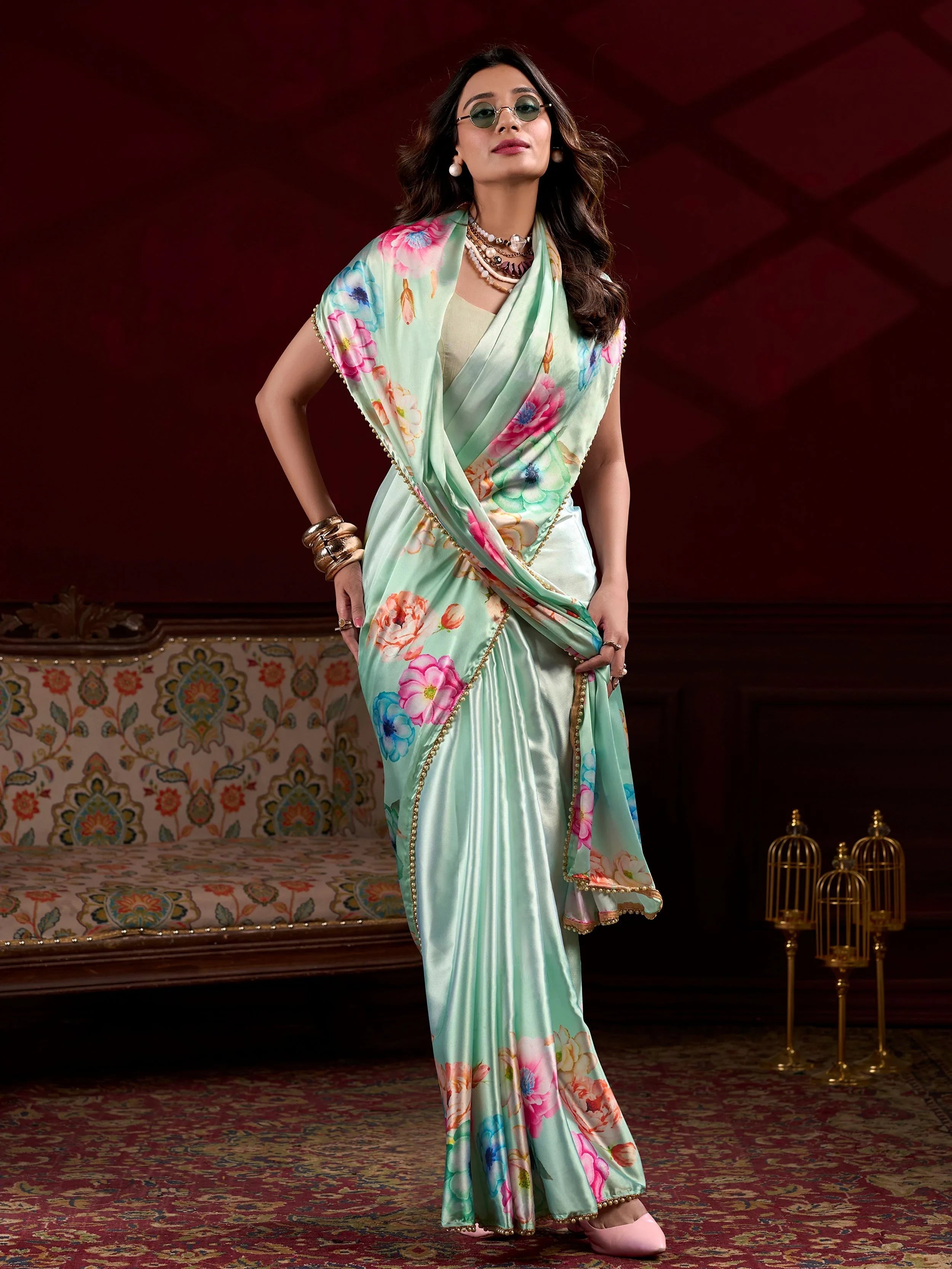 Pista Green Satin Floral Printed Saree With Blouse