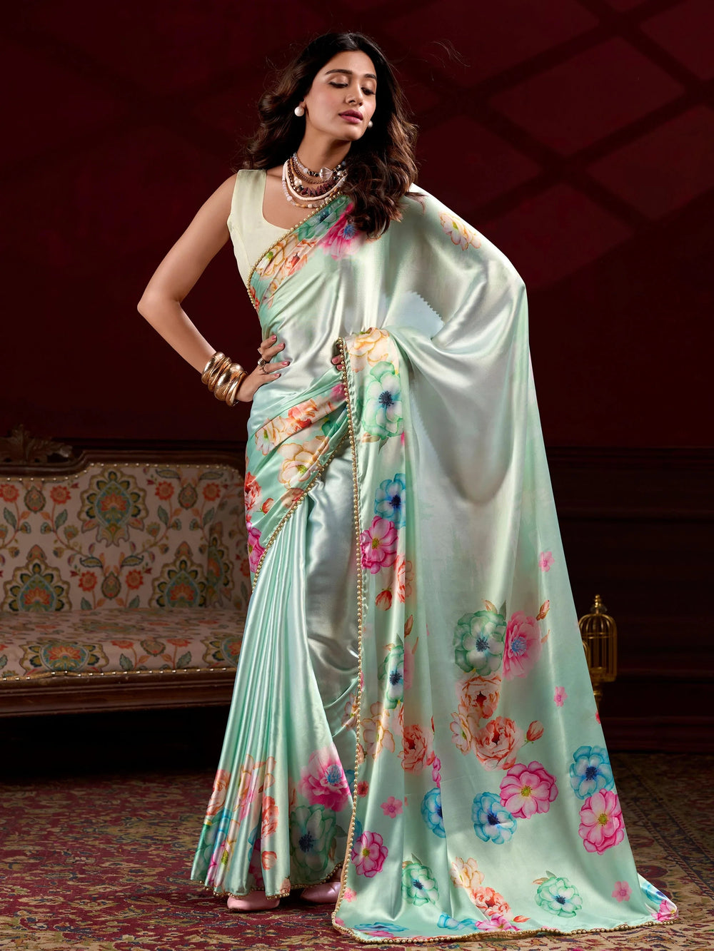 Pista Green Satin Floral Printed Saree With Blouse