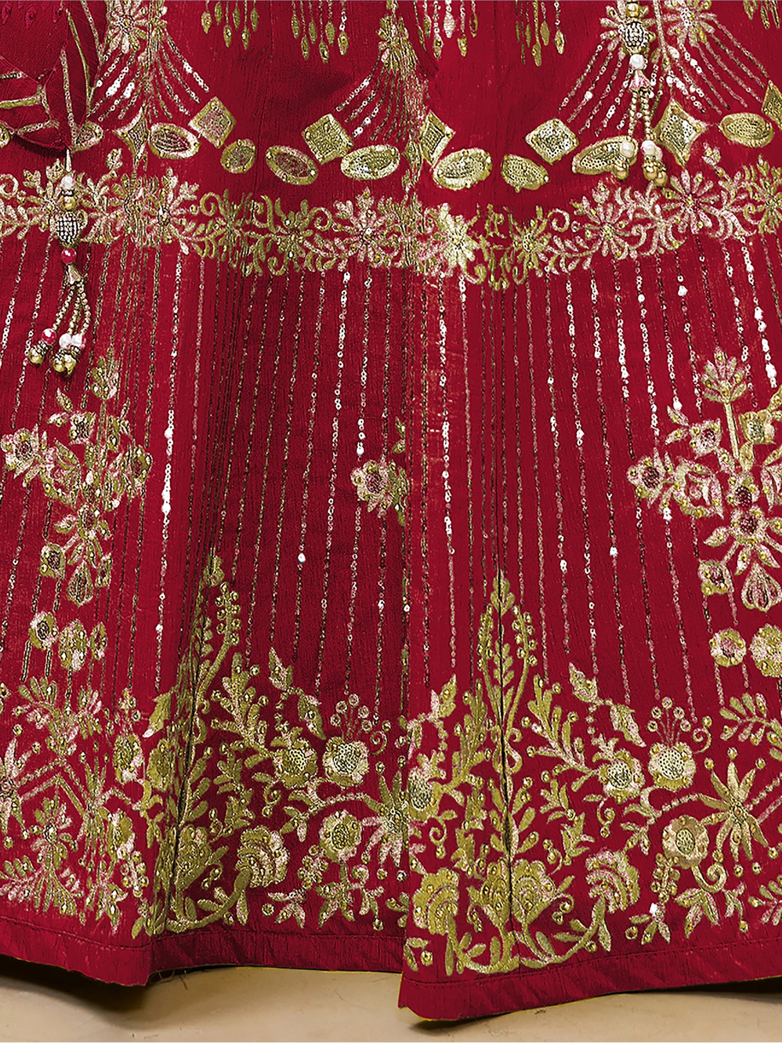 Red Sequins Silk Wedding Lehenga Choli with Dupatta for Women