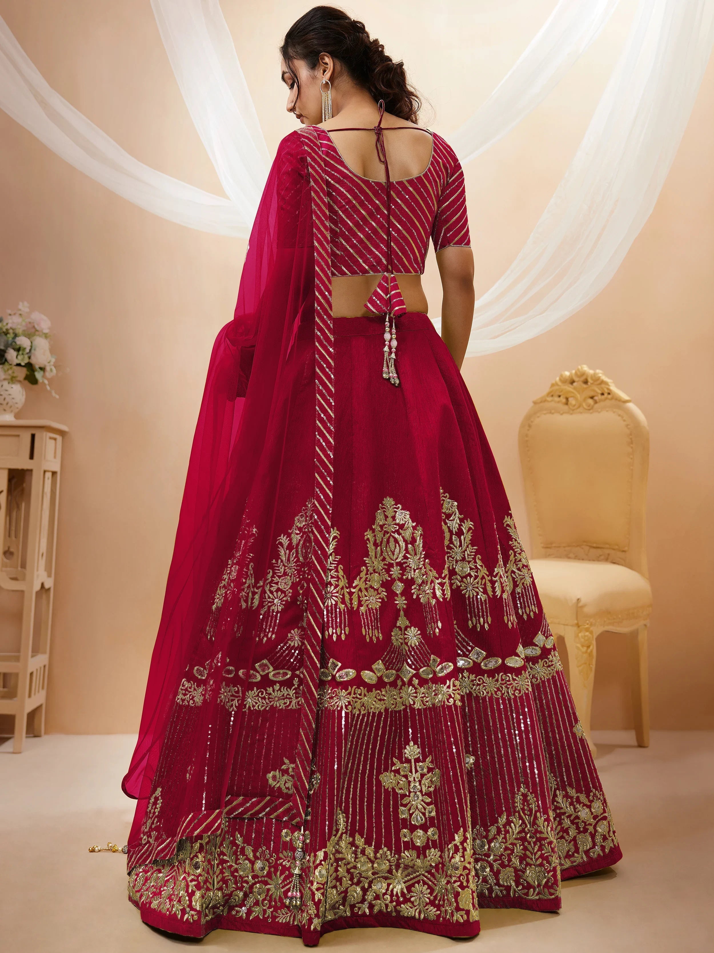 Red Sequins Silk Wedding Lehenga Choli with Dupatta for Women