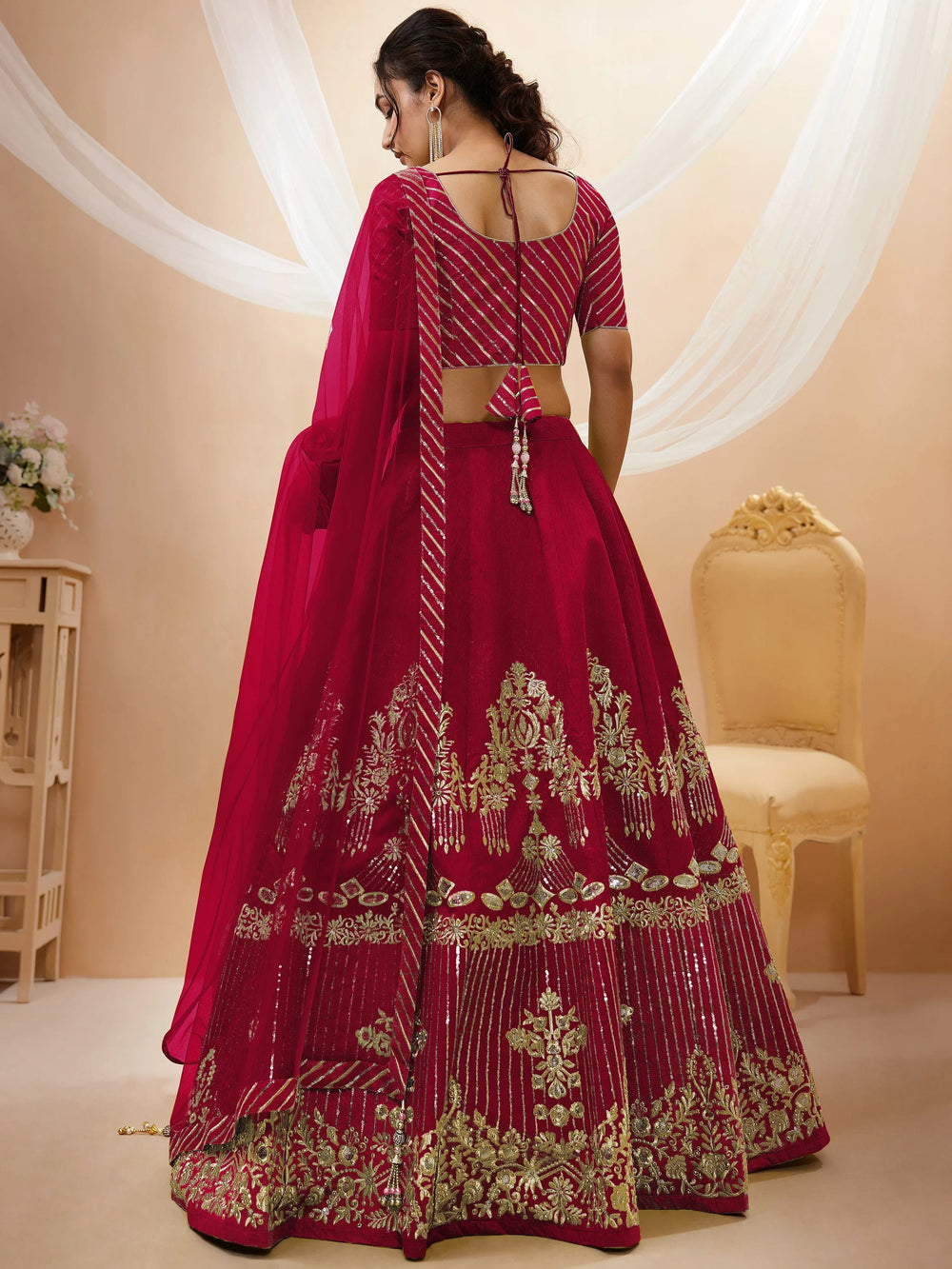 Red Sequins Silk Wedding Lehenga Choli with Dupatta for Women