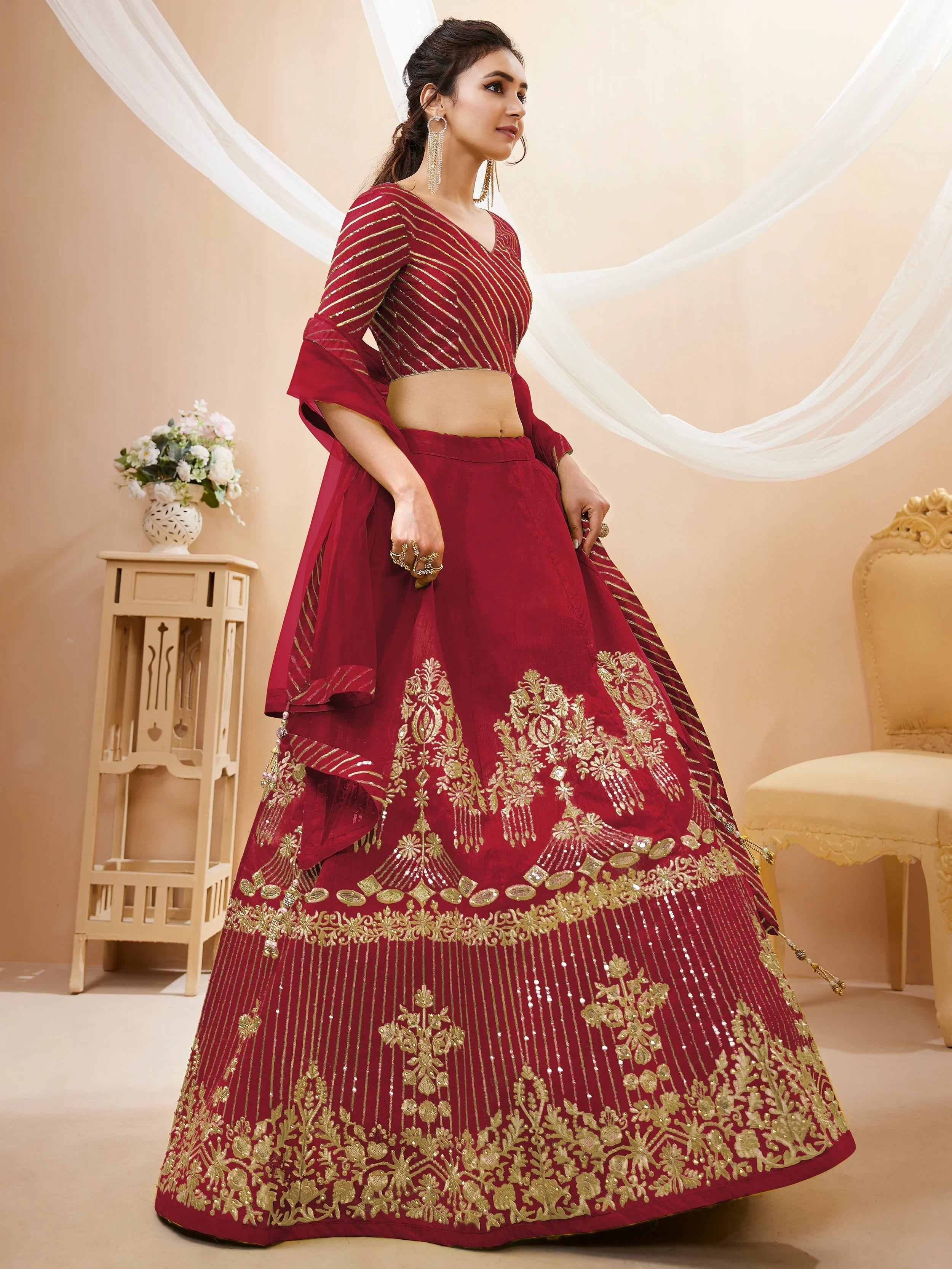 Red Sequins Silk Wedding Lehenga Choli with Dupatta for Women