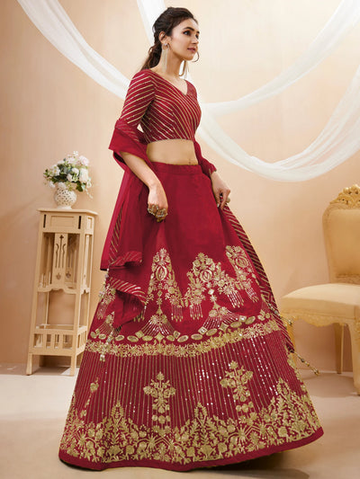 Red Sequins Silk Wedding Lehenga Choli with Dupatta for Women