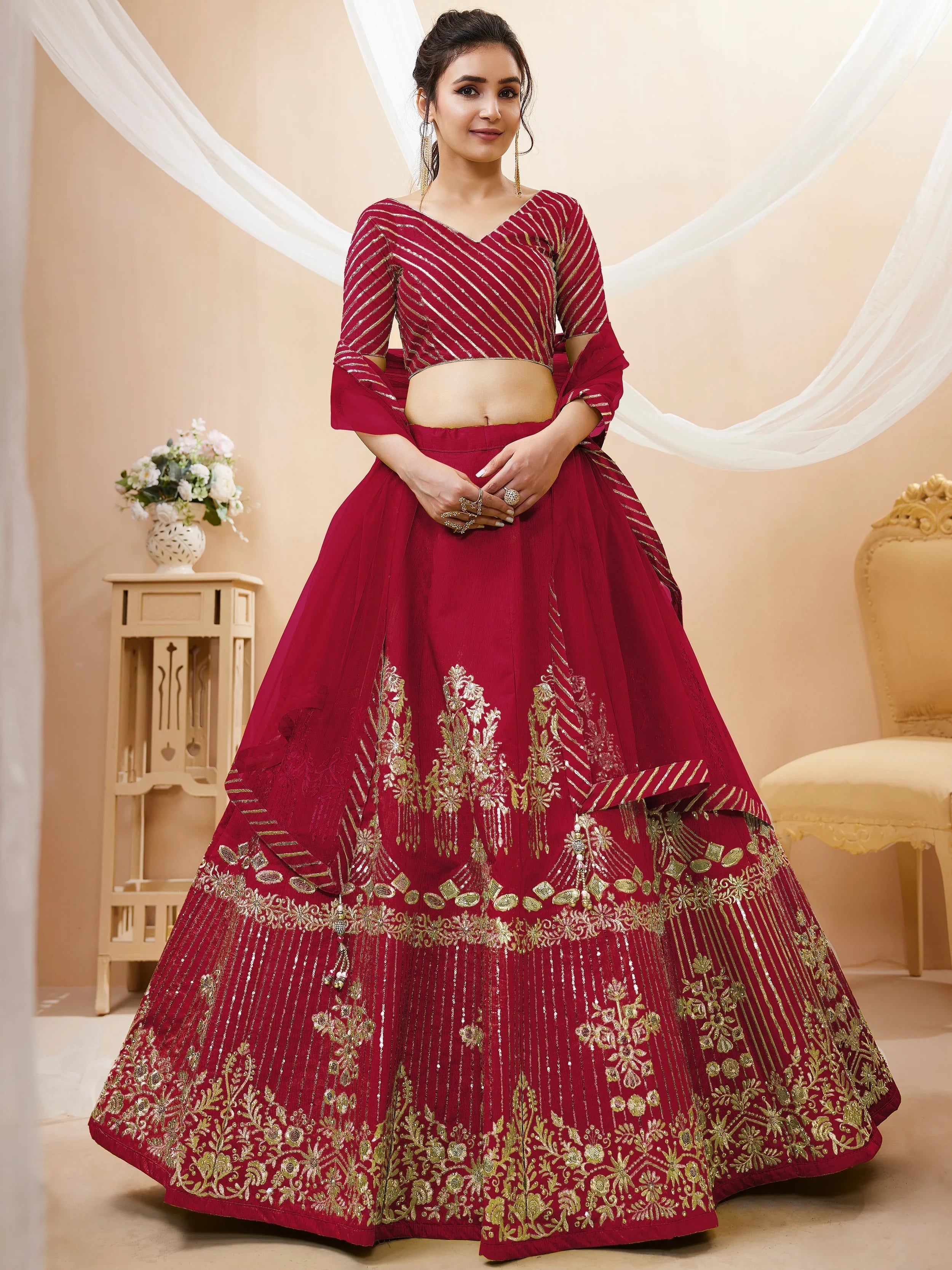 Red Sequins Silk Wedding Lehenga Choli with Dupatta for Women