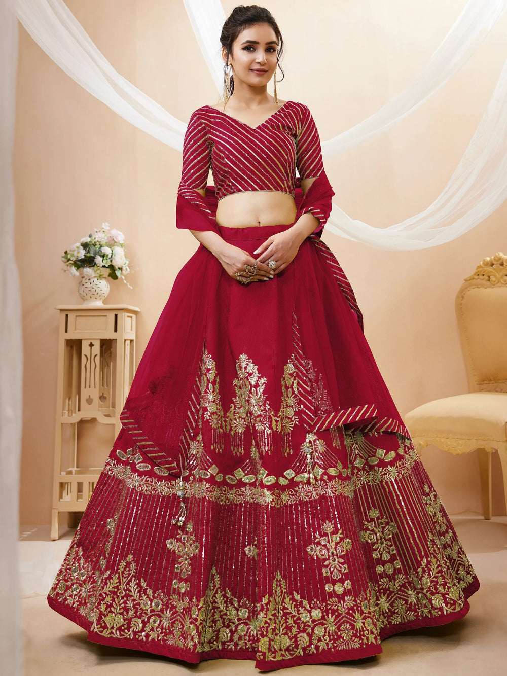 Red Sequins Silk Wedding Lehenga Choli with Dupatta for Women