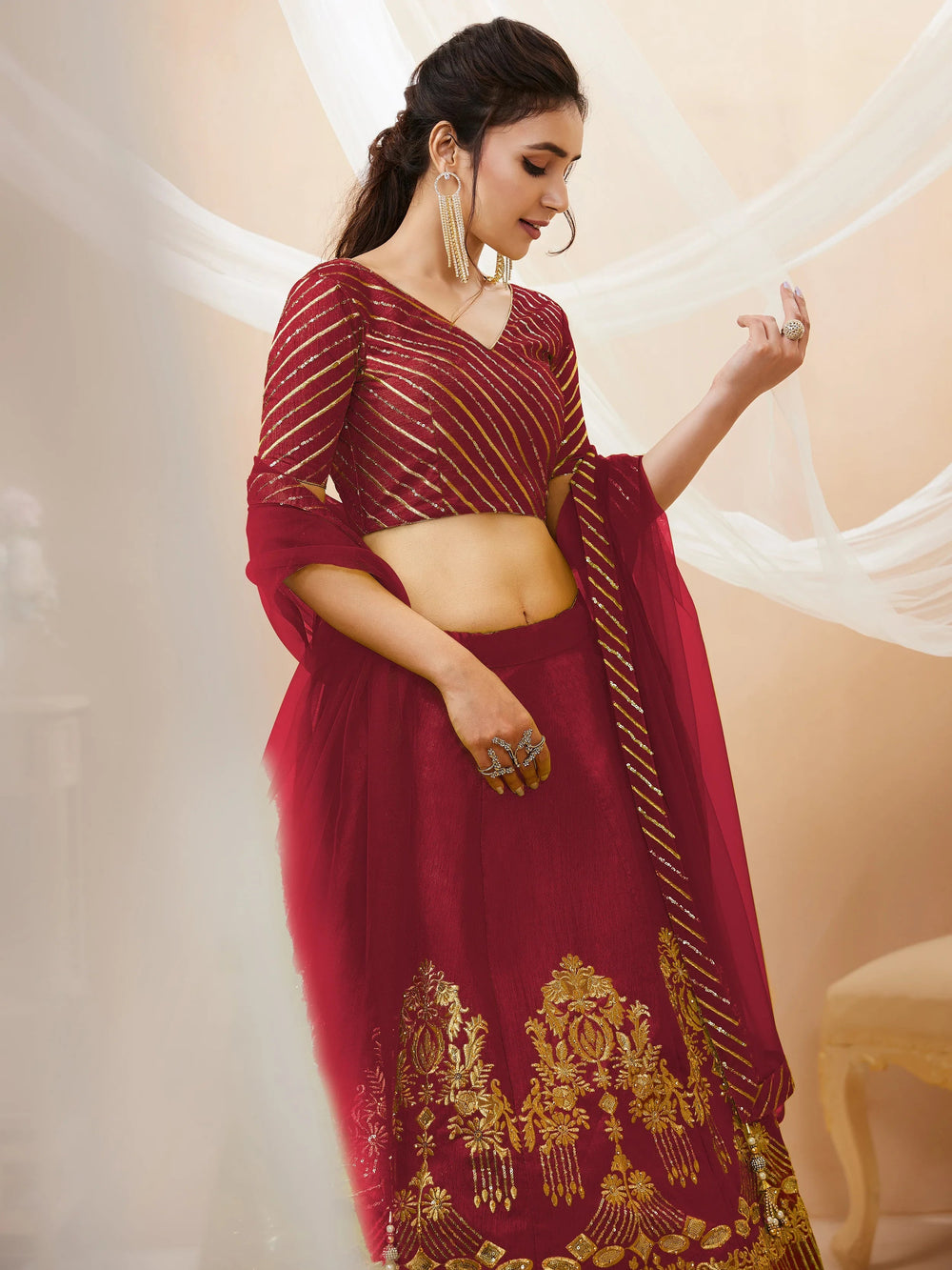 Red Sequins Silk Wedding Lehenga Choli with Dupatta for Women