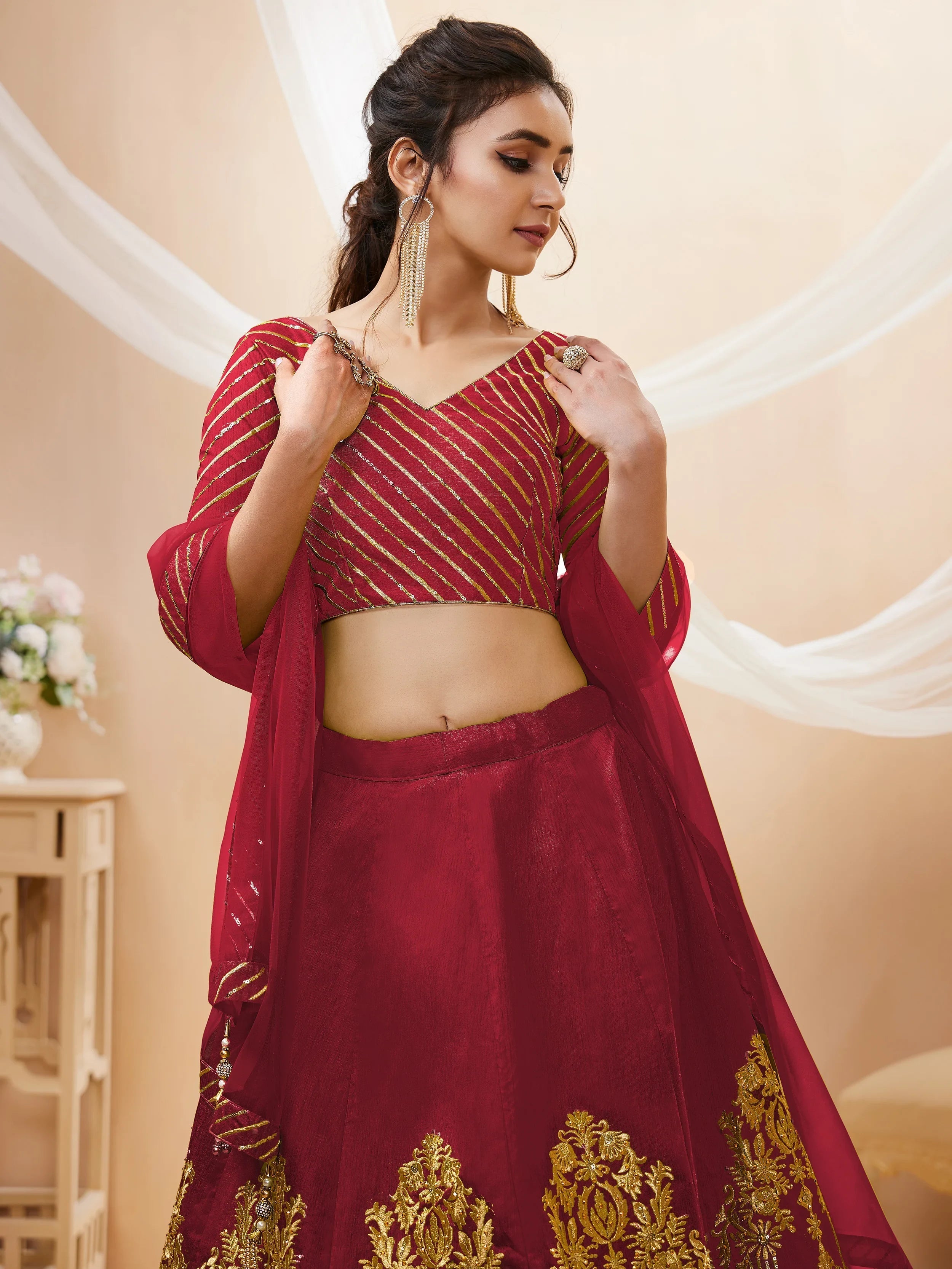 Red Sequins Silk Wedding Lehenga Choli with Dupatta for Women