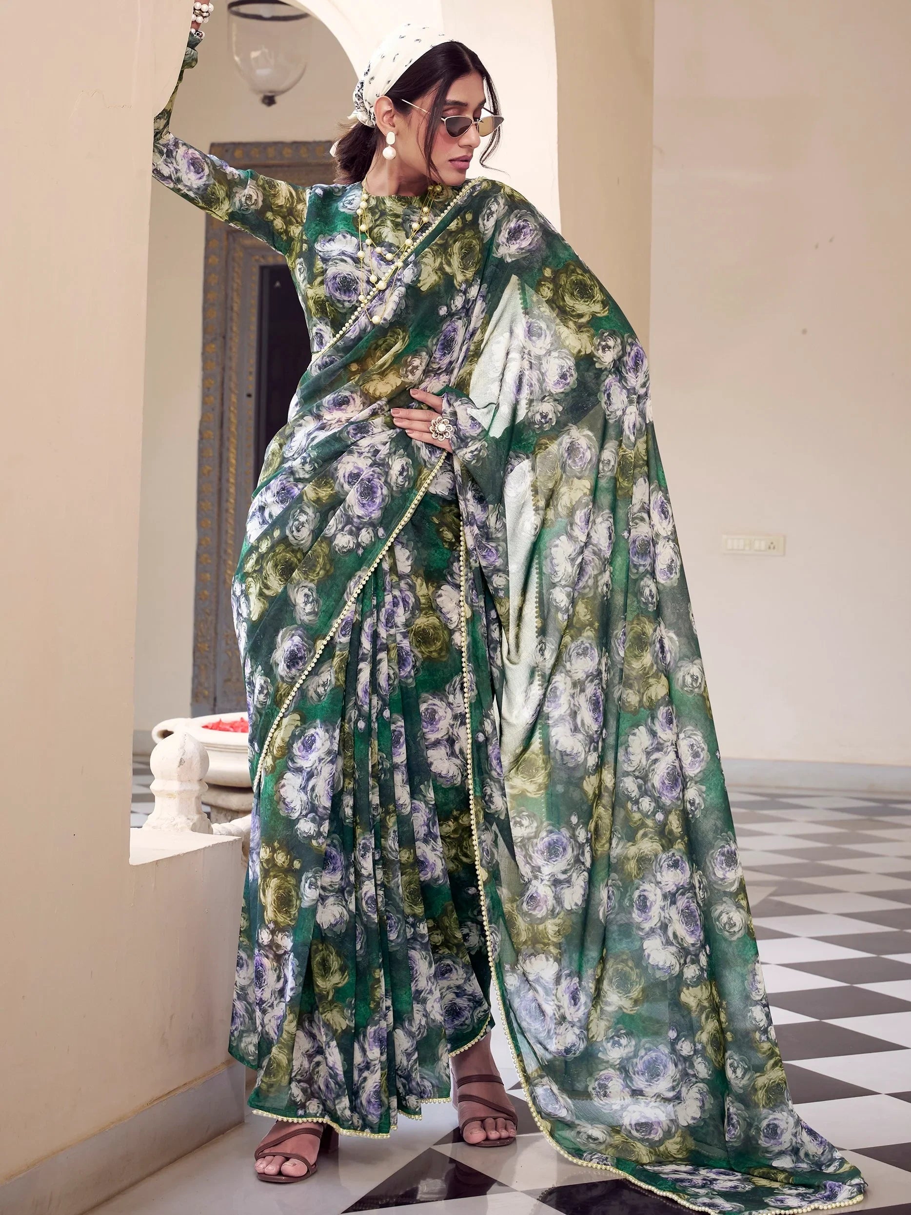 Green Georgette Floral Printed Office Wear Saree With Blouse