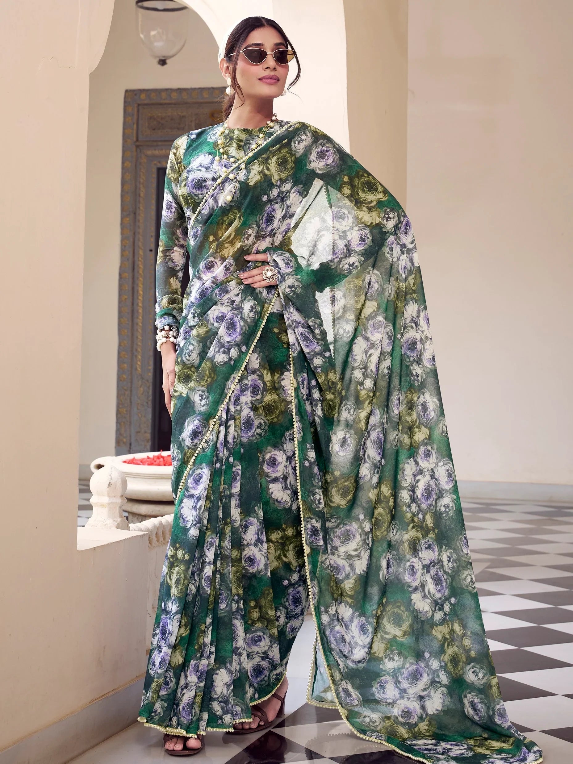 Green Georgette Floral Printed Office Wear Saree With Blouse