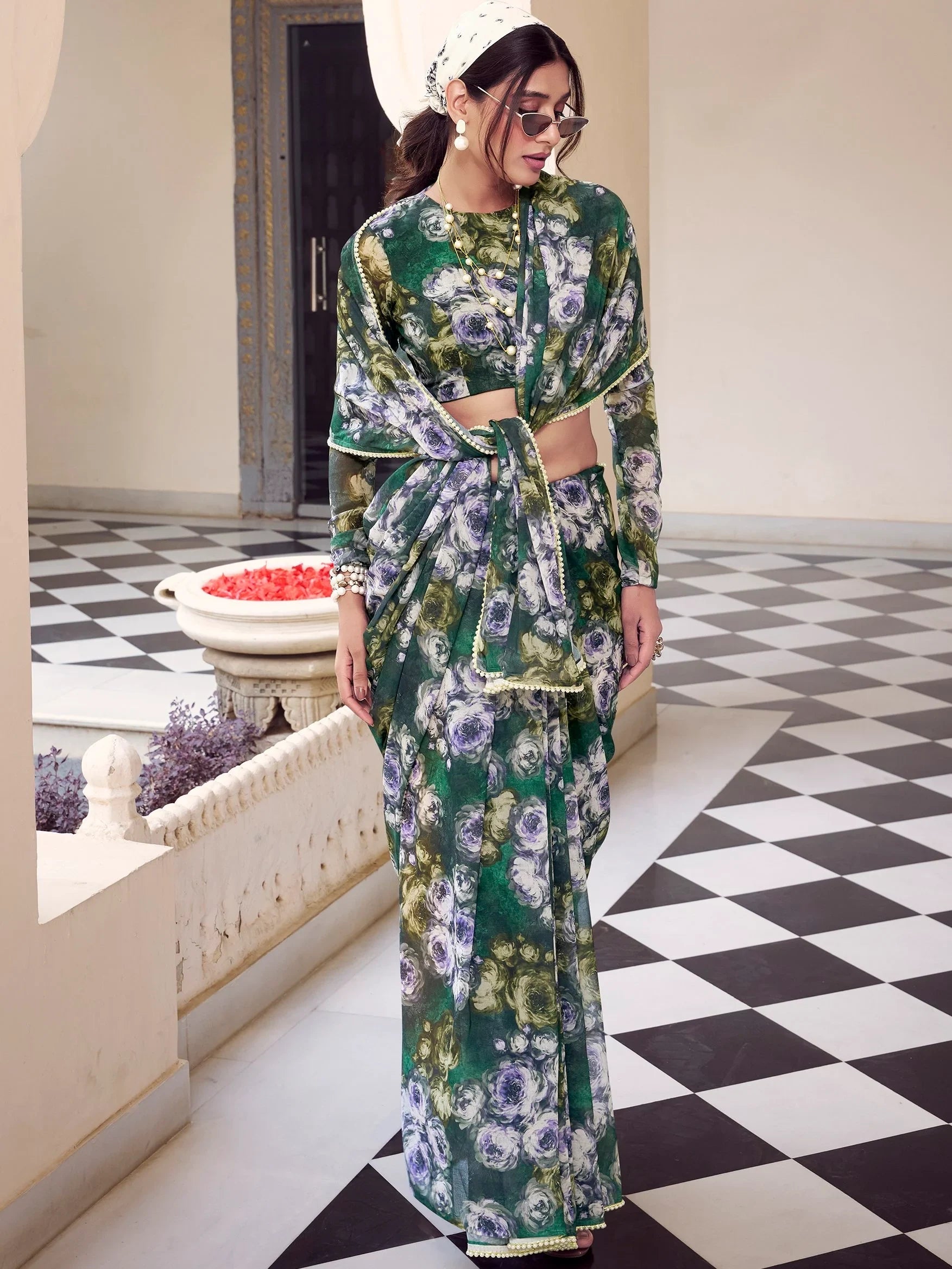 Green Georgette Floral Printed Office Wear Saree With Blouse